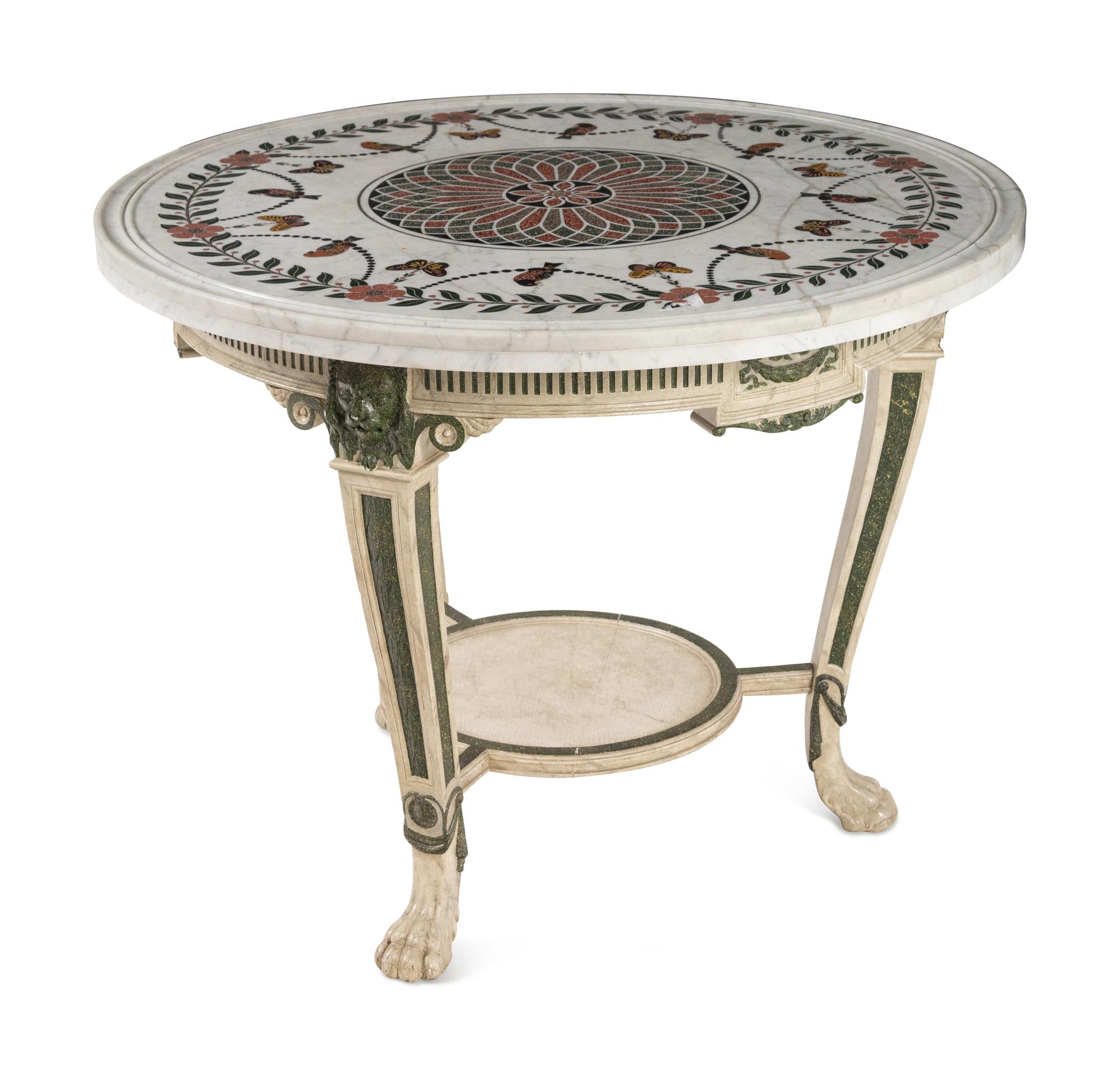 A Neoclassical Green and White-Painted Scagliola and Marble-Top Table