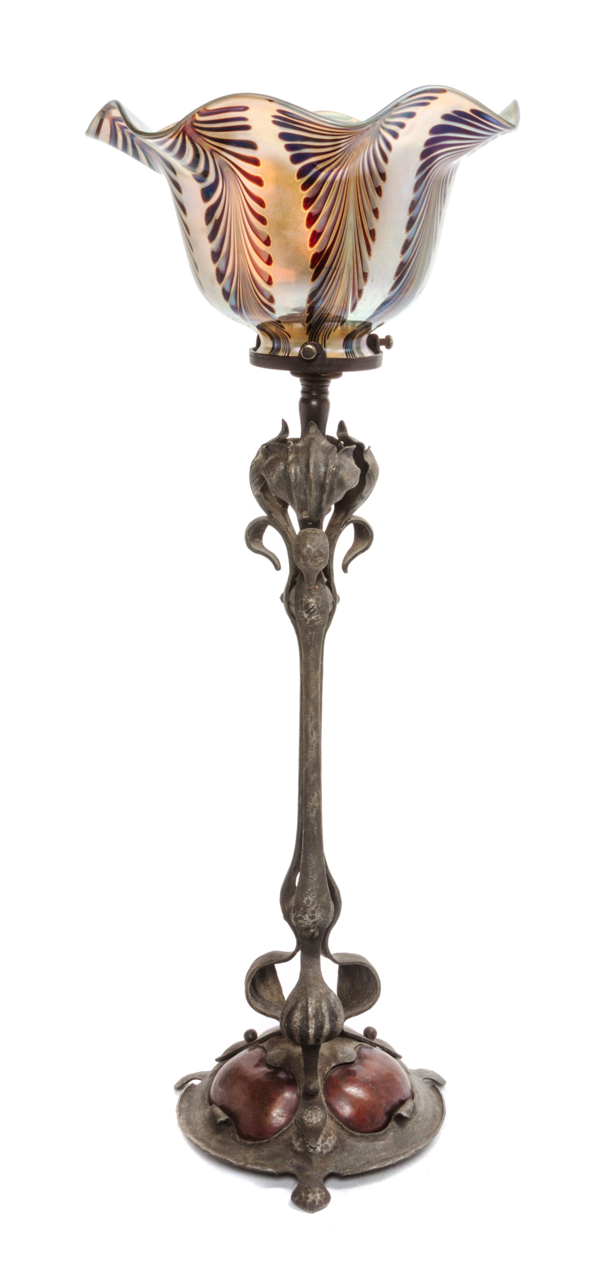 An Arts and Crafts Style Hammered Lamp Base Height overall 20 1/4 inches.
