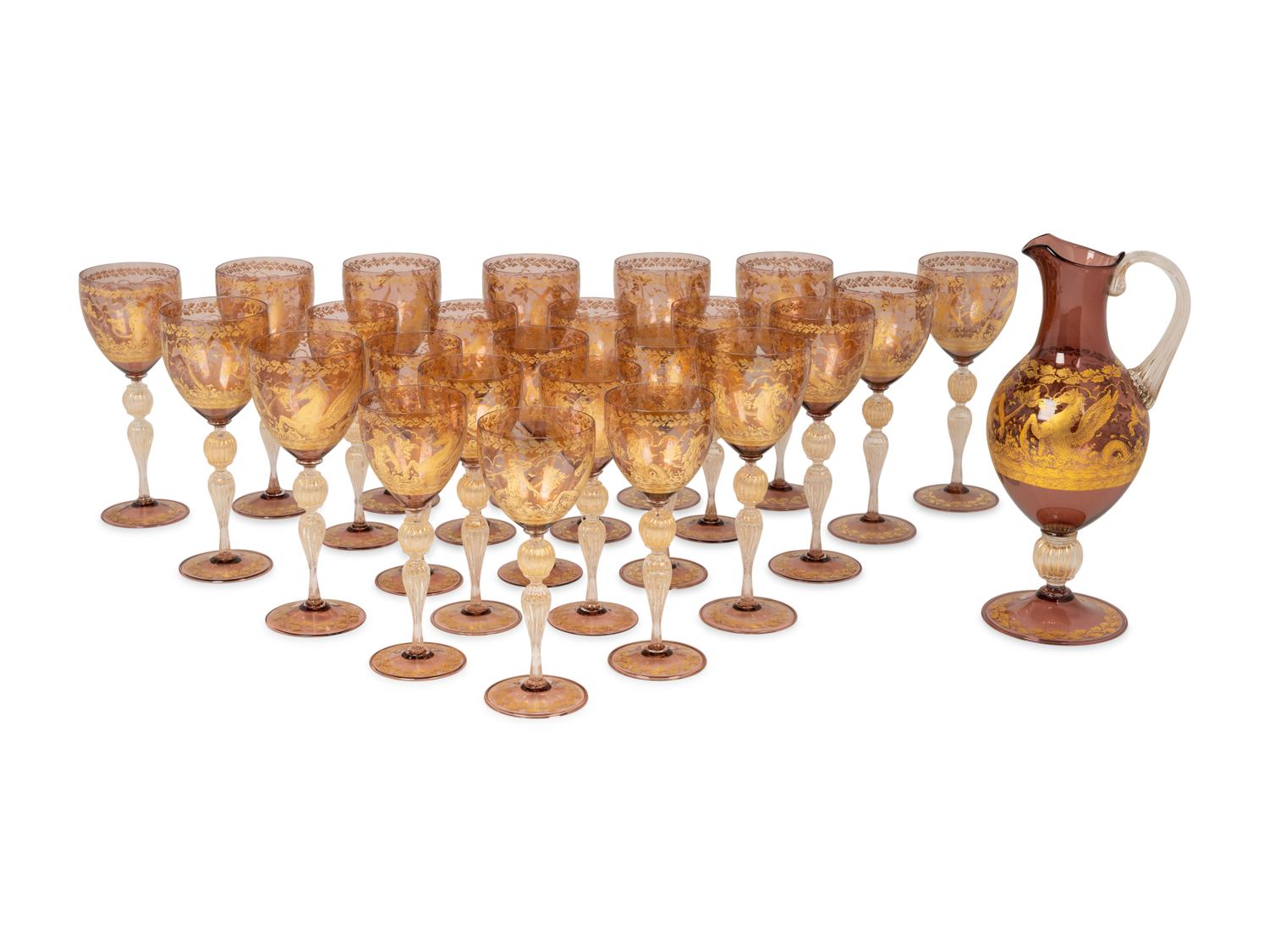 A Venetian Gilt Decorated Glass Stemware Service