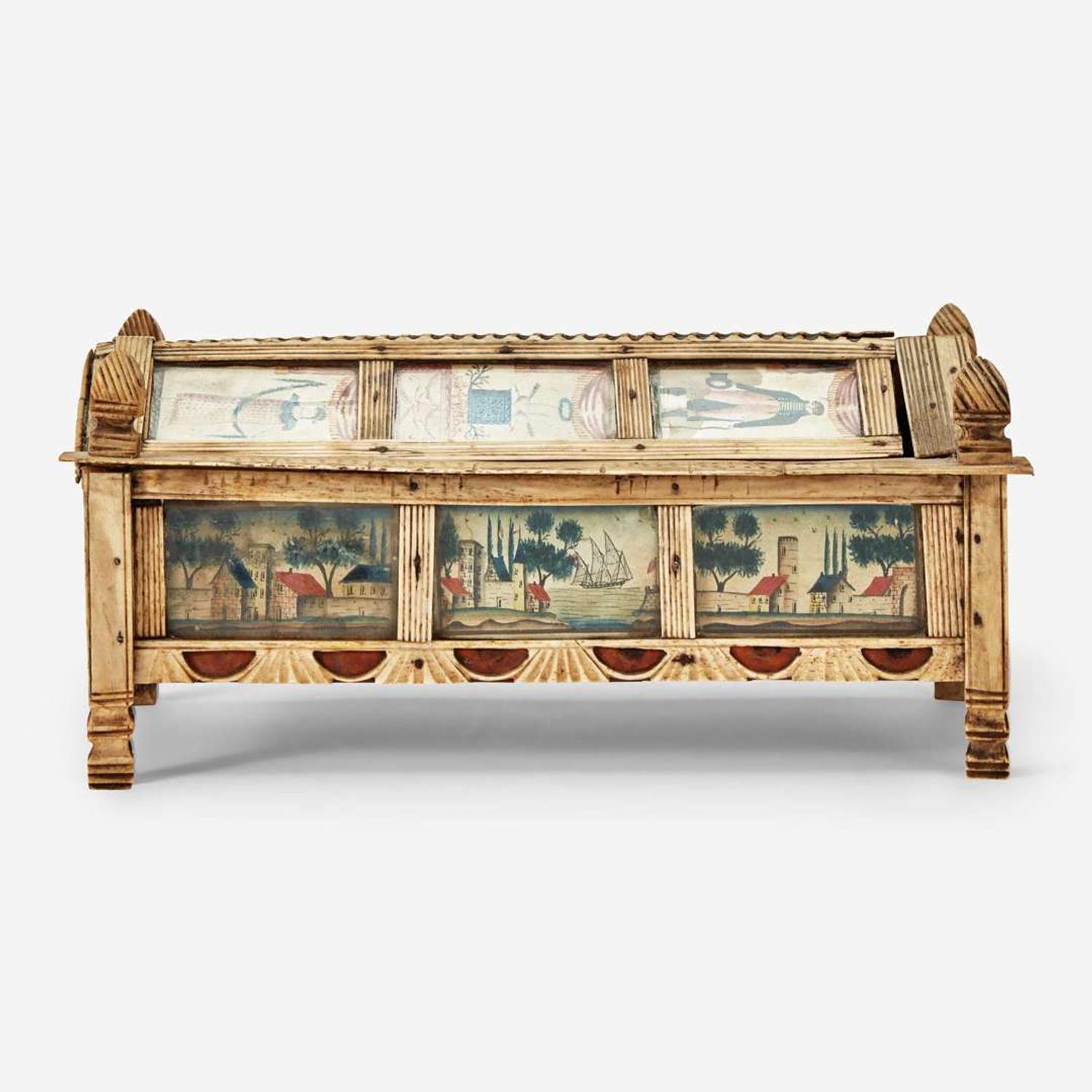 A Prisoner-of-War carved and paint-decorated bone game box circa 1815