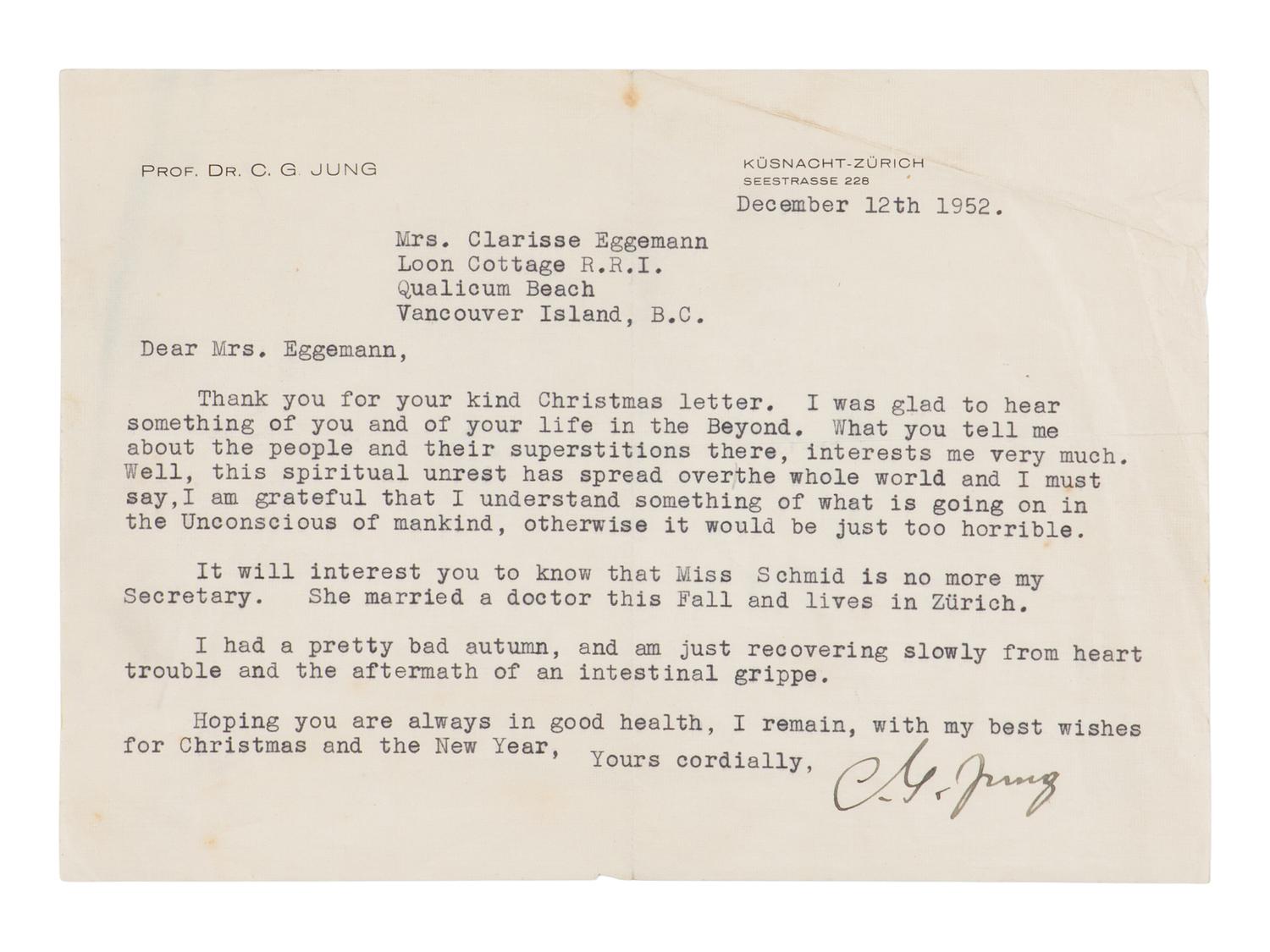 [Autographs & Manuscripts] Jung, Carl. Typed Letter, signed
