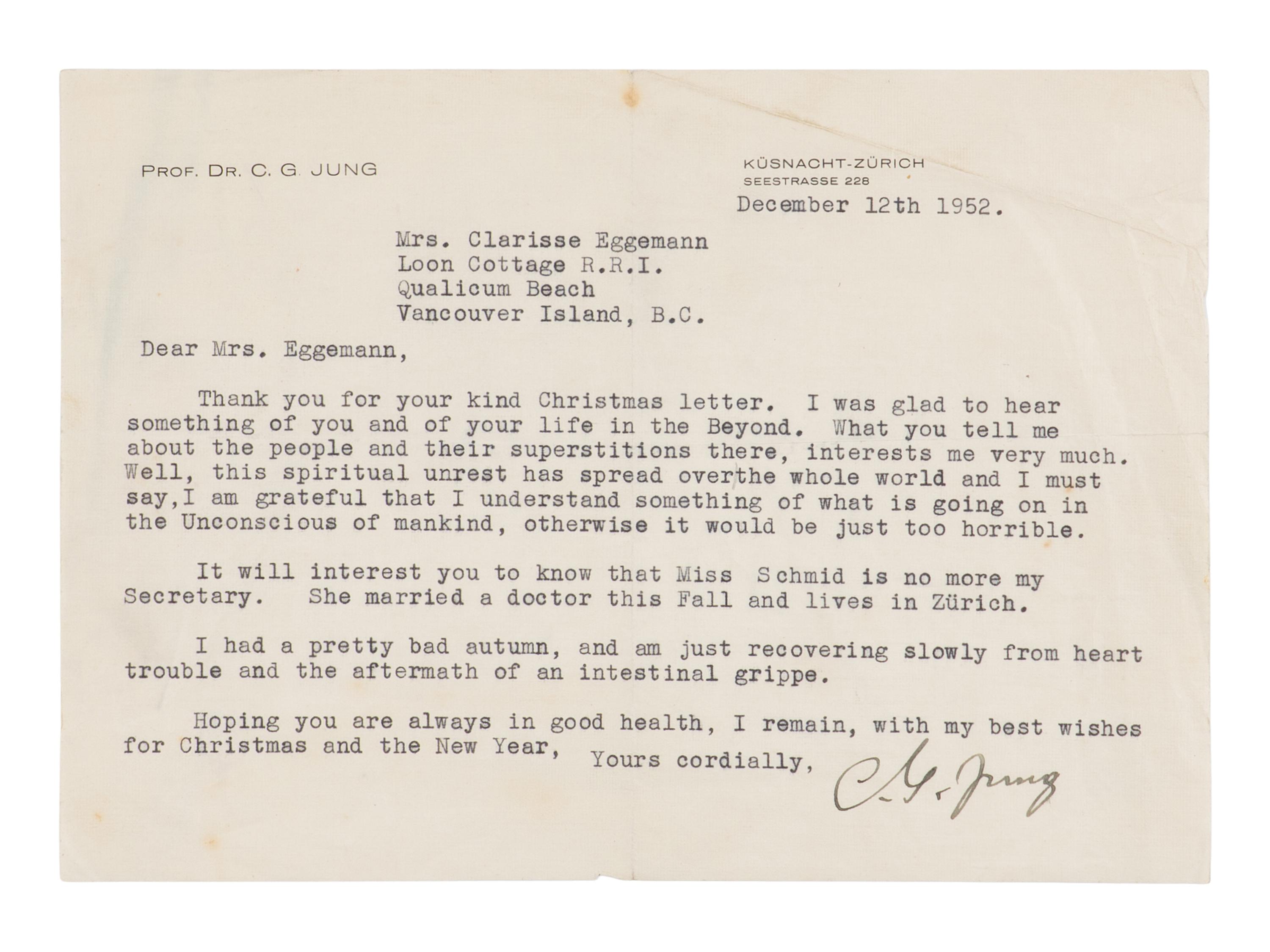 [Autographs & Manuscripts] Jung, Carl. Typed Letter, signed