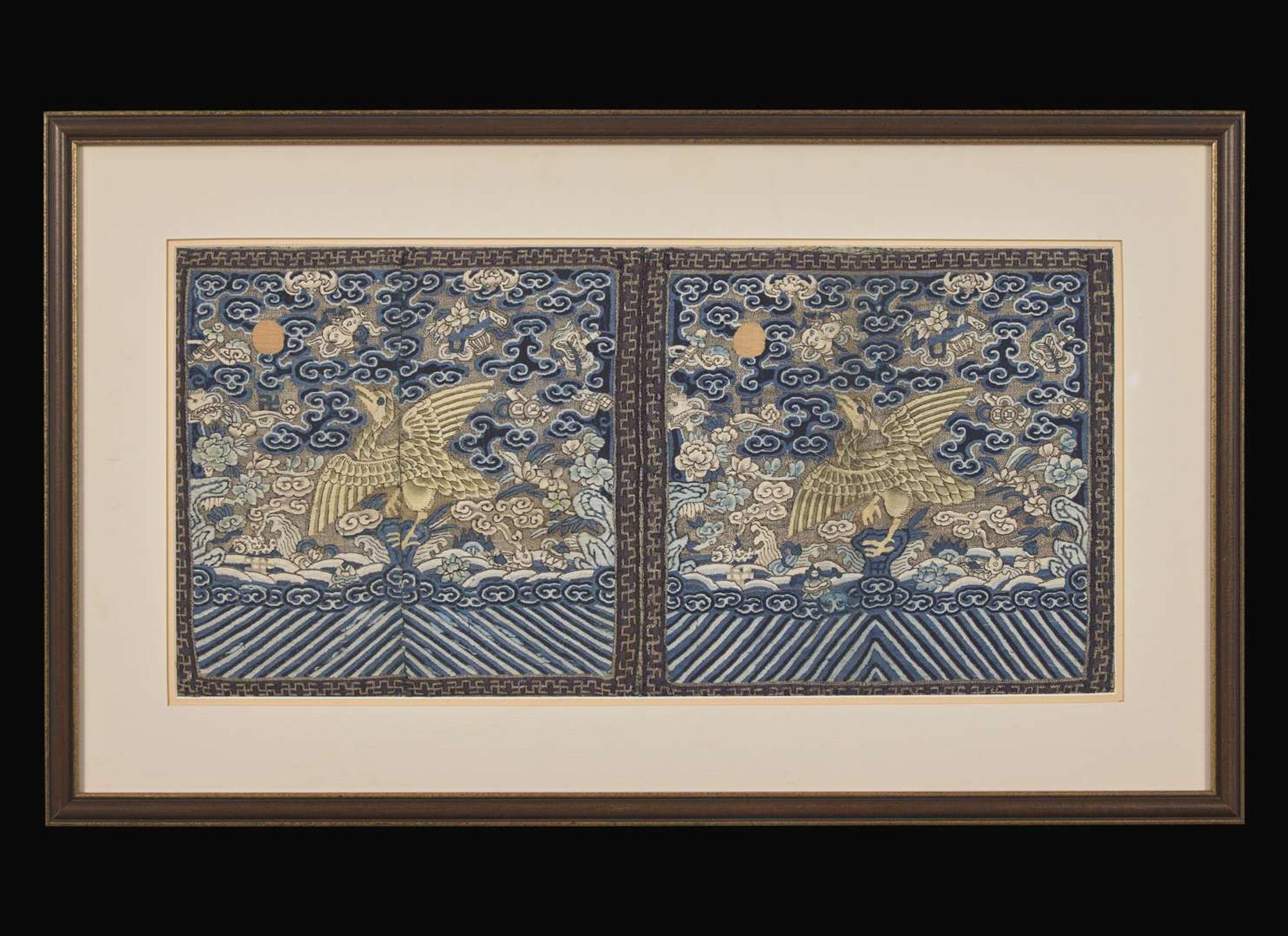 A pair of Chinese kesi tapestry rank badges, Qing Dynasty 緙絲補子一對 清