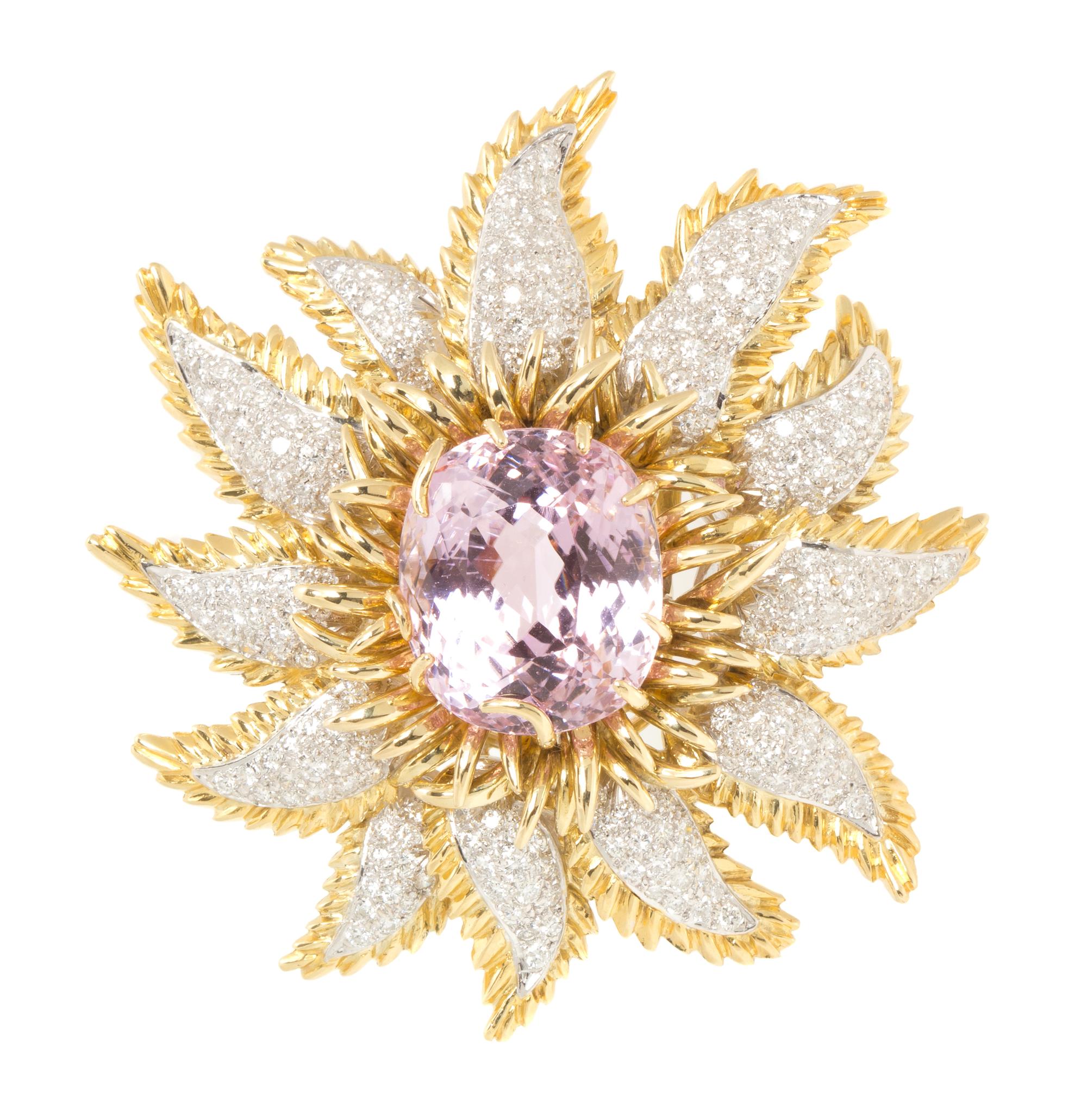 A Vintage 18 Karat Yellow Gold, Platinum, Kunzite and Diamond Brooch, Tiffany & Co., 32.10 dwts.