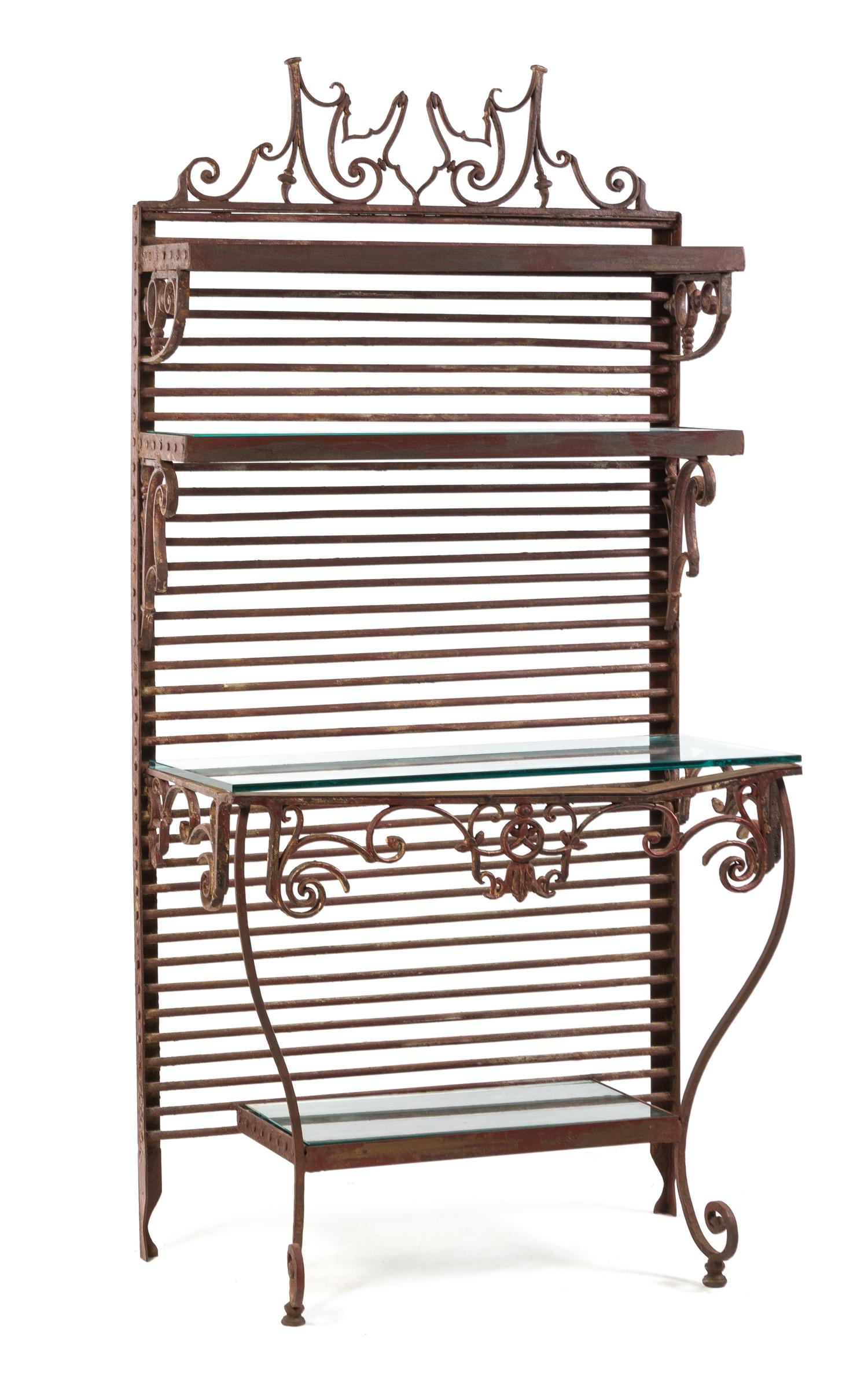 A French Wrought Iron Baker's Rack Height 77 1/2 x width 36 3/4 x depth 19 3/4 inches.