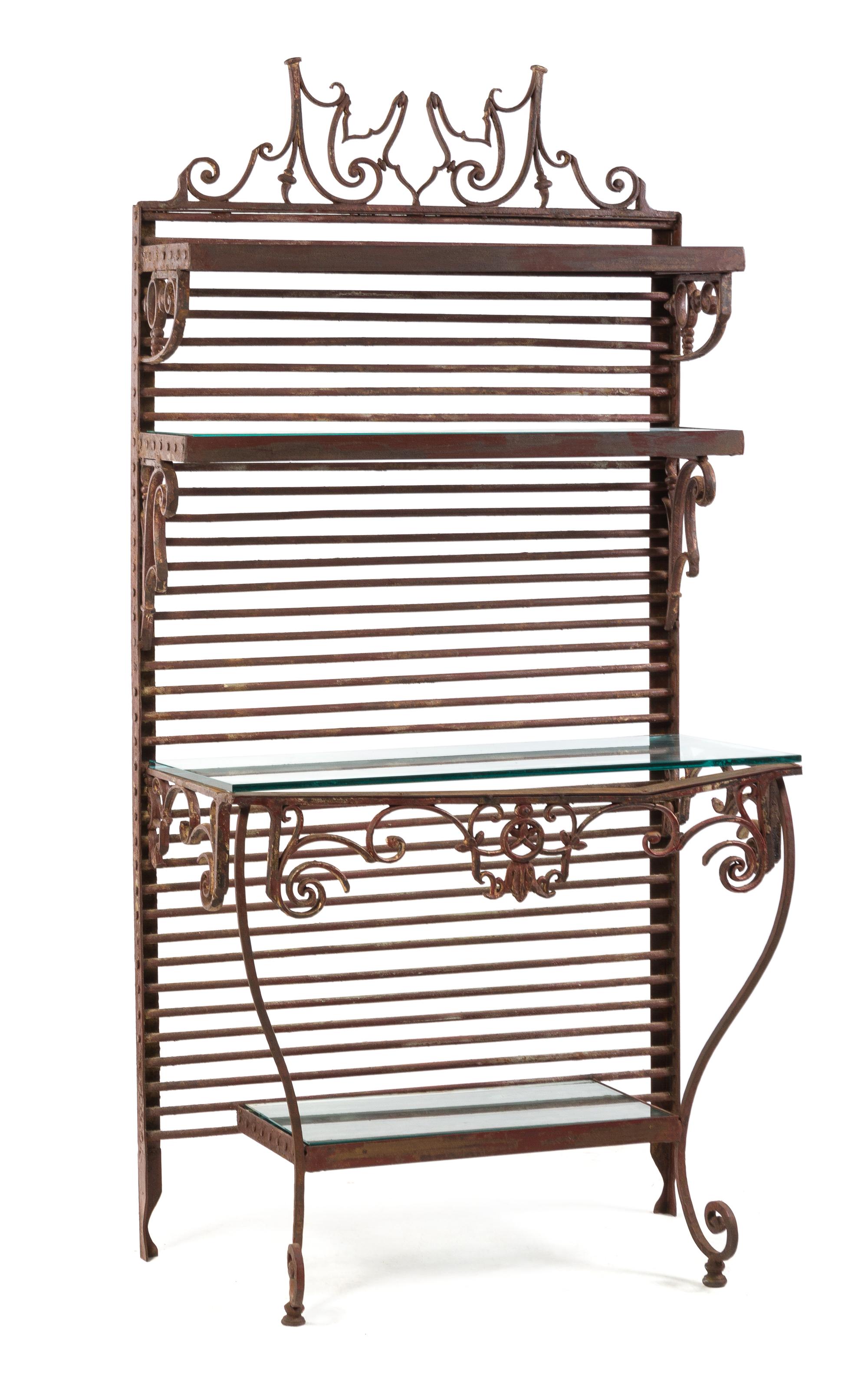 A French Wrought Iron Baker's Rack Height 77 1/2 x width 36 3/4 x depth 19 3/4 inches.