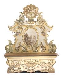 An Italian Painted Hall Bench Height 81 x width 64 x depth 13 inches.