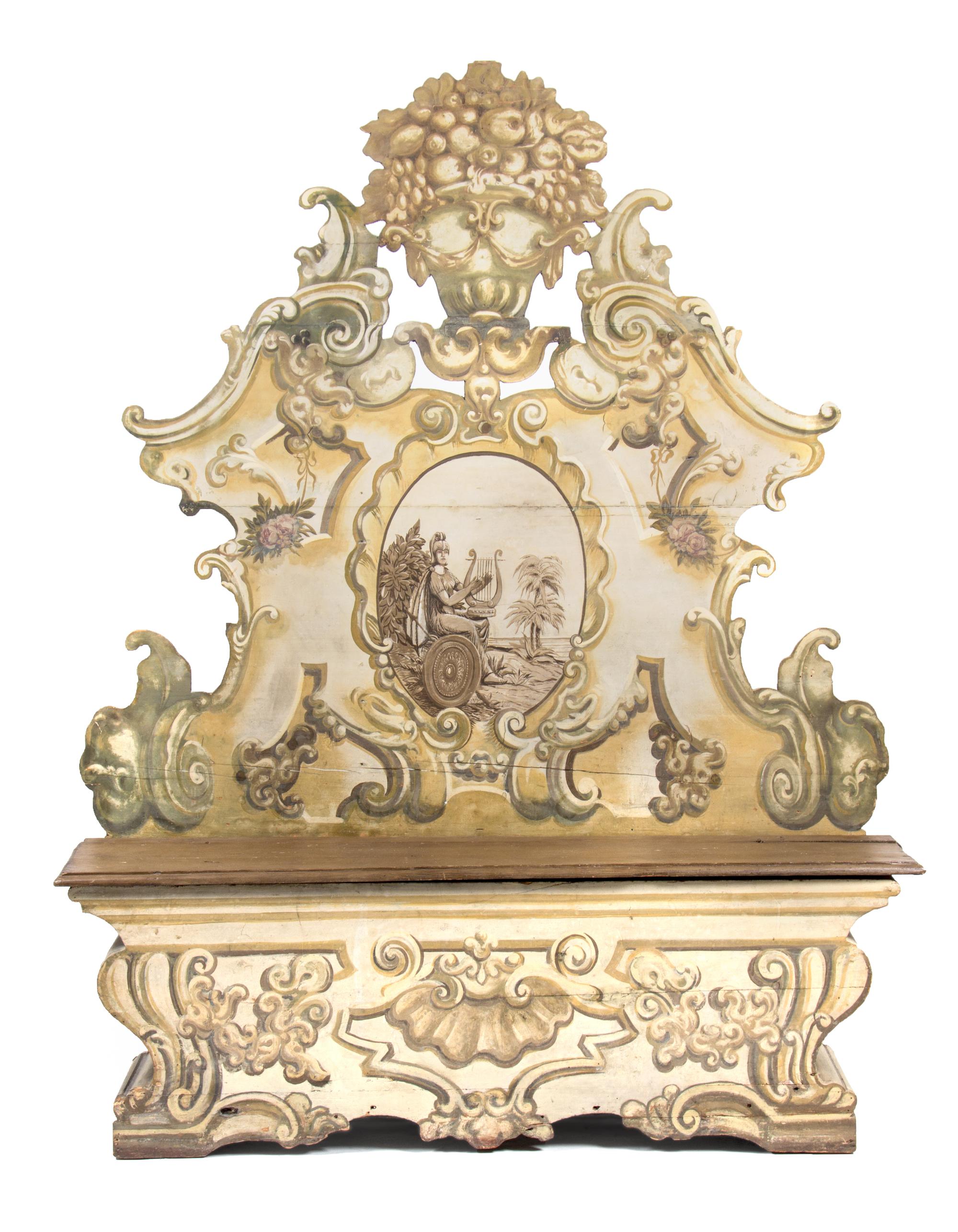 An Italian Painted Hall Bench Height 81 x width 64 x depth 13 inches.