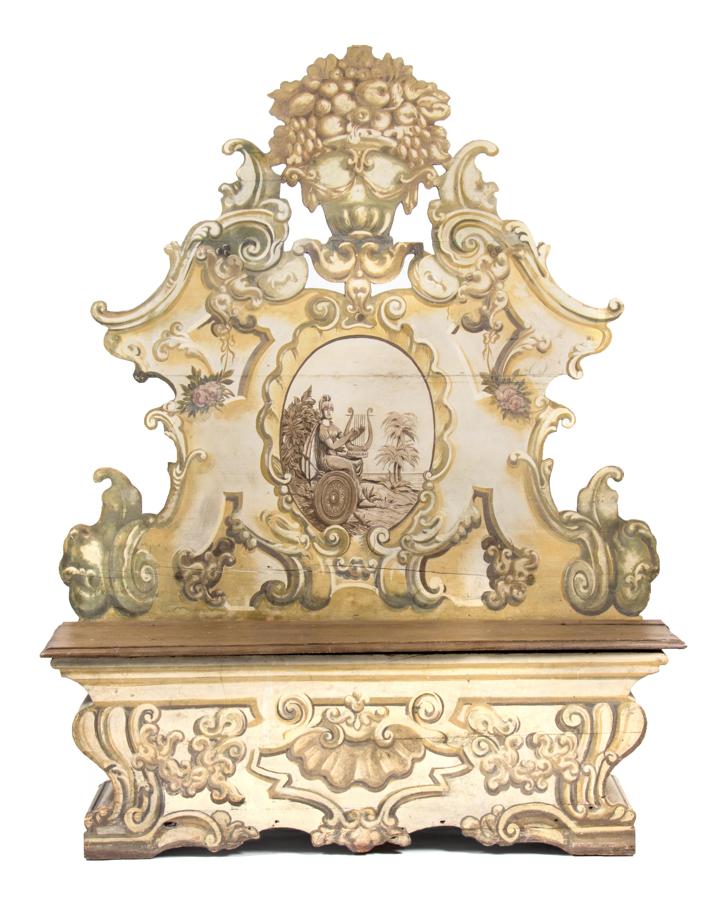An Italian Painted Hall Bench Height 81 x width 64 x depth 13 inches.