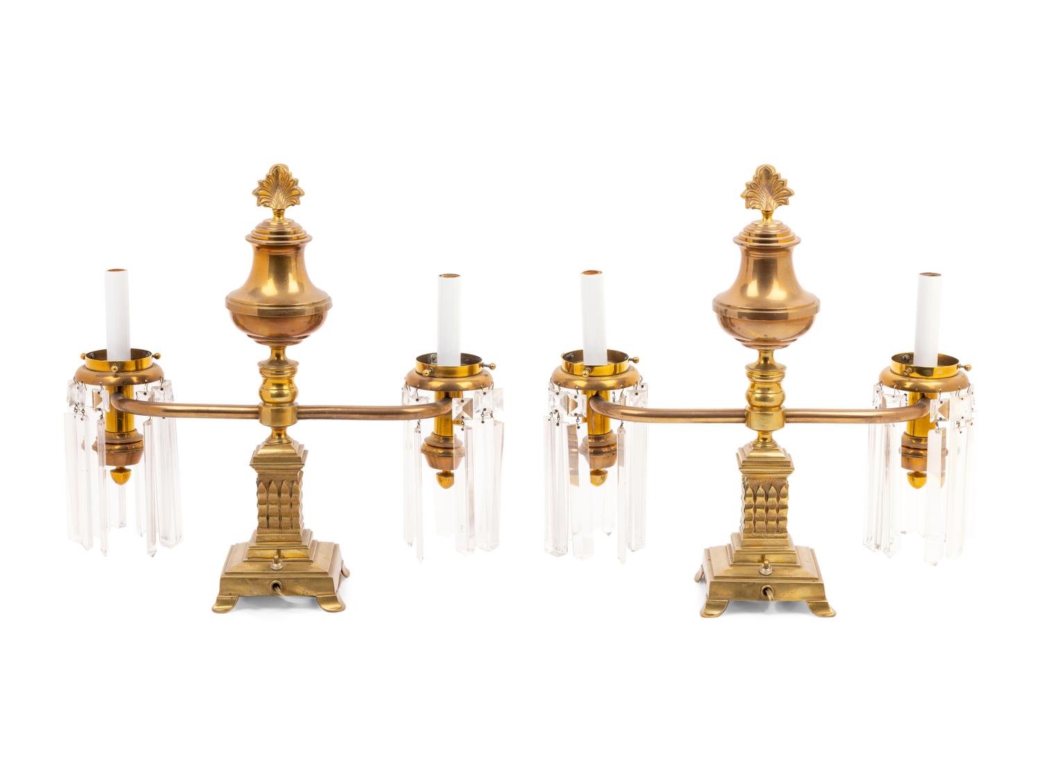 A Pair of Brass and Glass Two-Light Argand Lamps