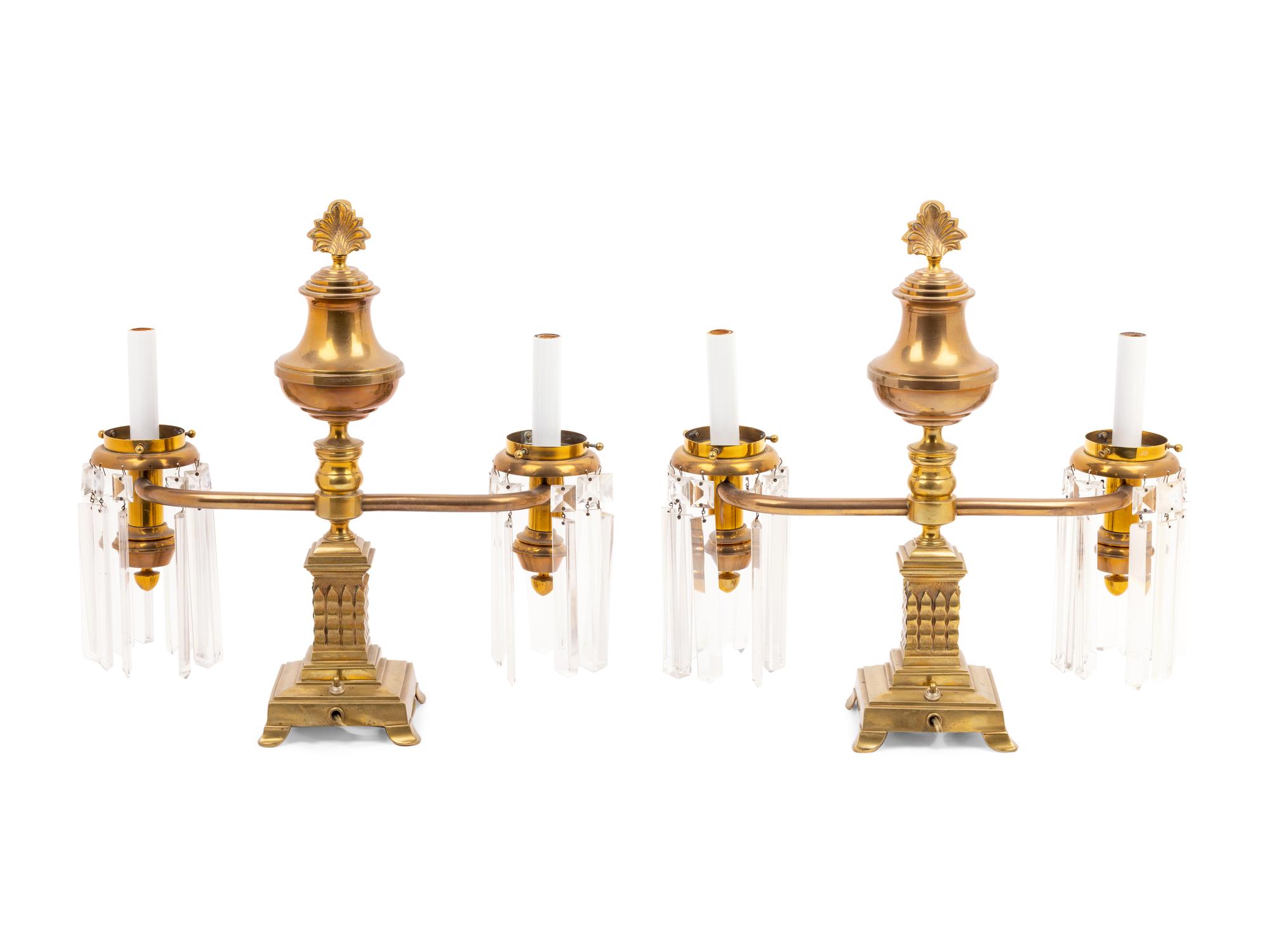 A Pair of Brass and Glass Two-Light Argand Lamps