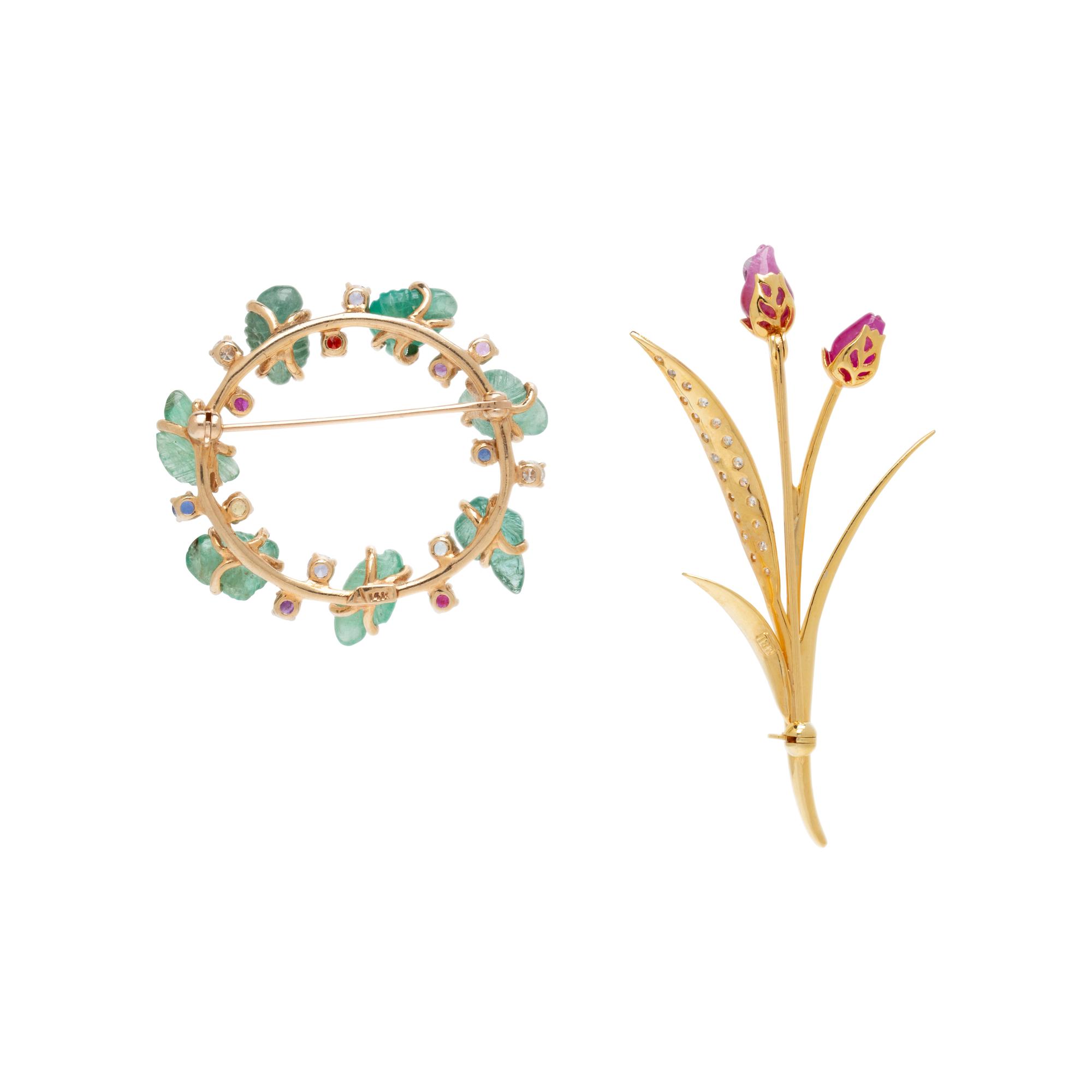 COLLECTION OF YELLOW GOLD, MULTIGEM, AND DIAMOND BROOCHES