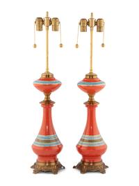 A Pair of French Painted Glass Table Lamps