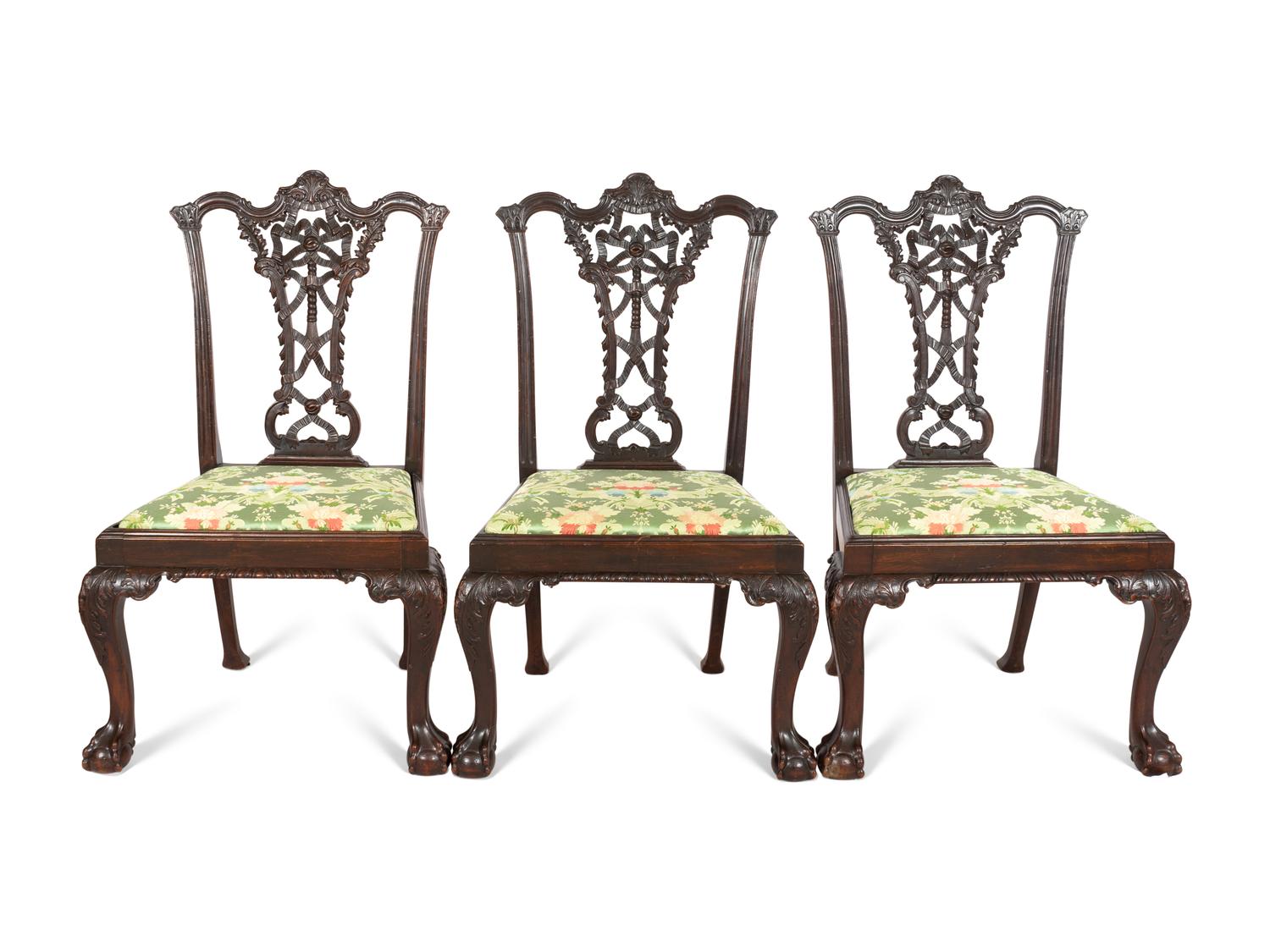 A Set of Eleven George III Style Ribbon-Carved Mahogany Dining Chairs
