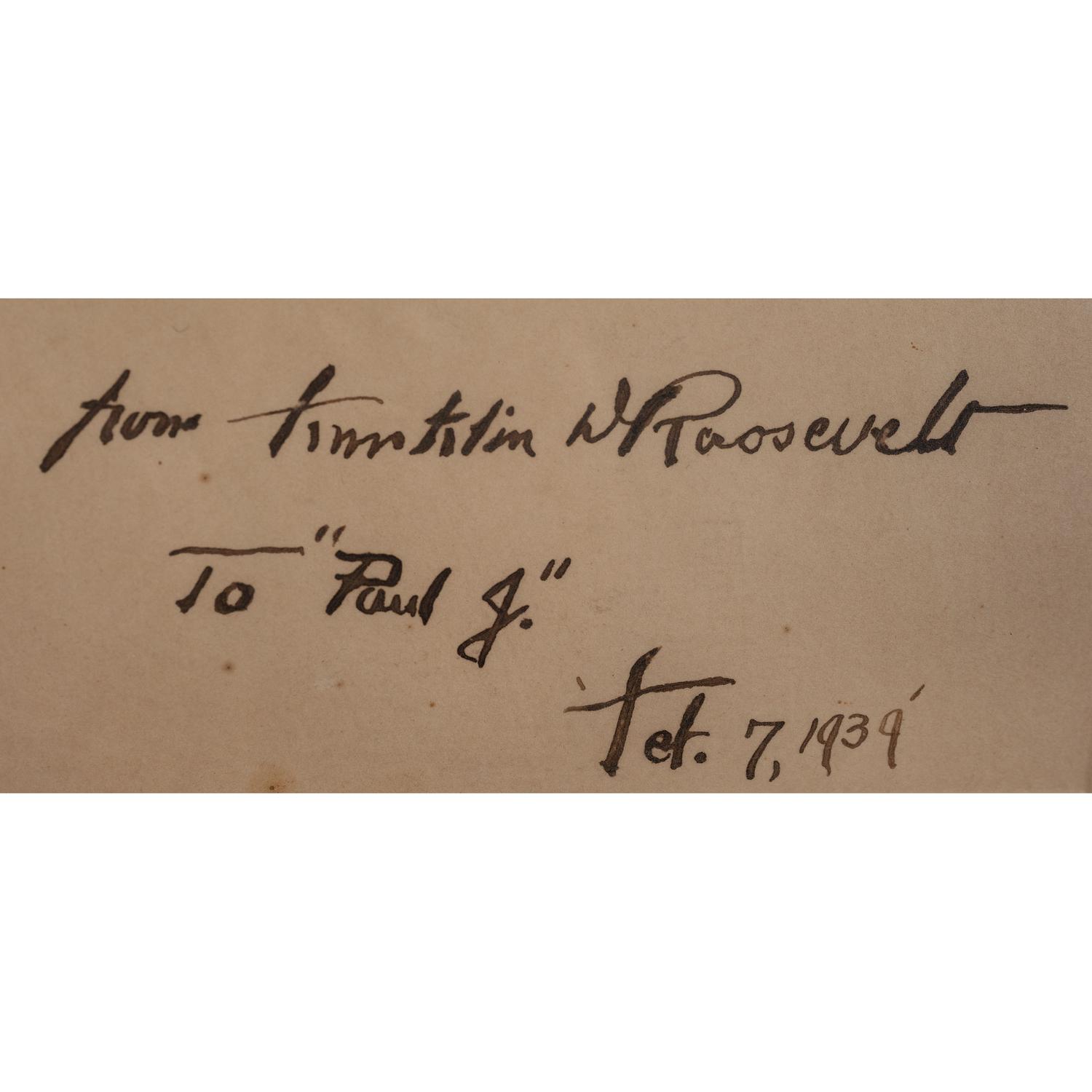 ROOSEVELT, Franklin Delano (1882-1945). Engraving signed and inscribed below image ("Franklin D. Roosevelt"). N.p., 7 February 1939.