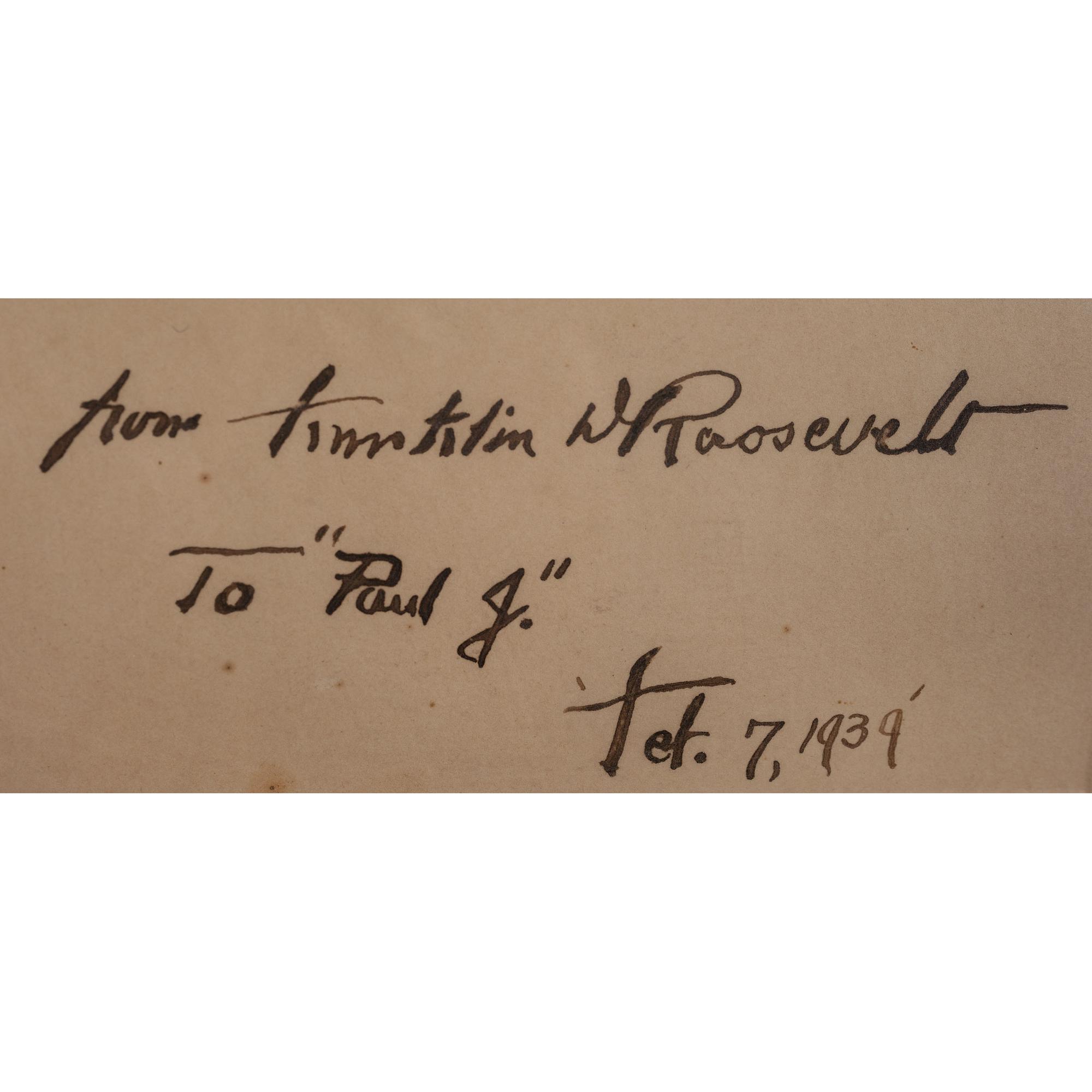 ROOSEVELT, Franklin Delano (1882-1945). Engraving signed and inscribed below image ("Franklin D. Roosevelt"). N.p., 7 February 1939.