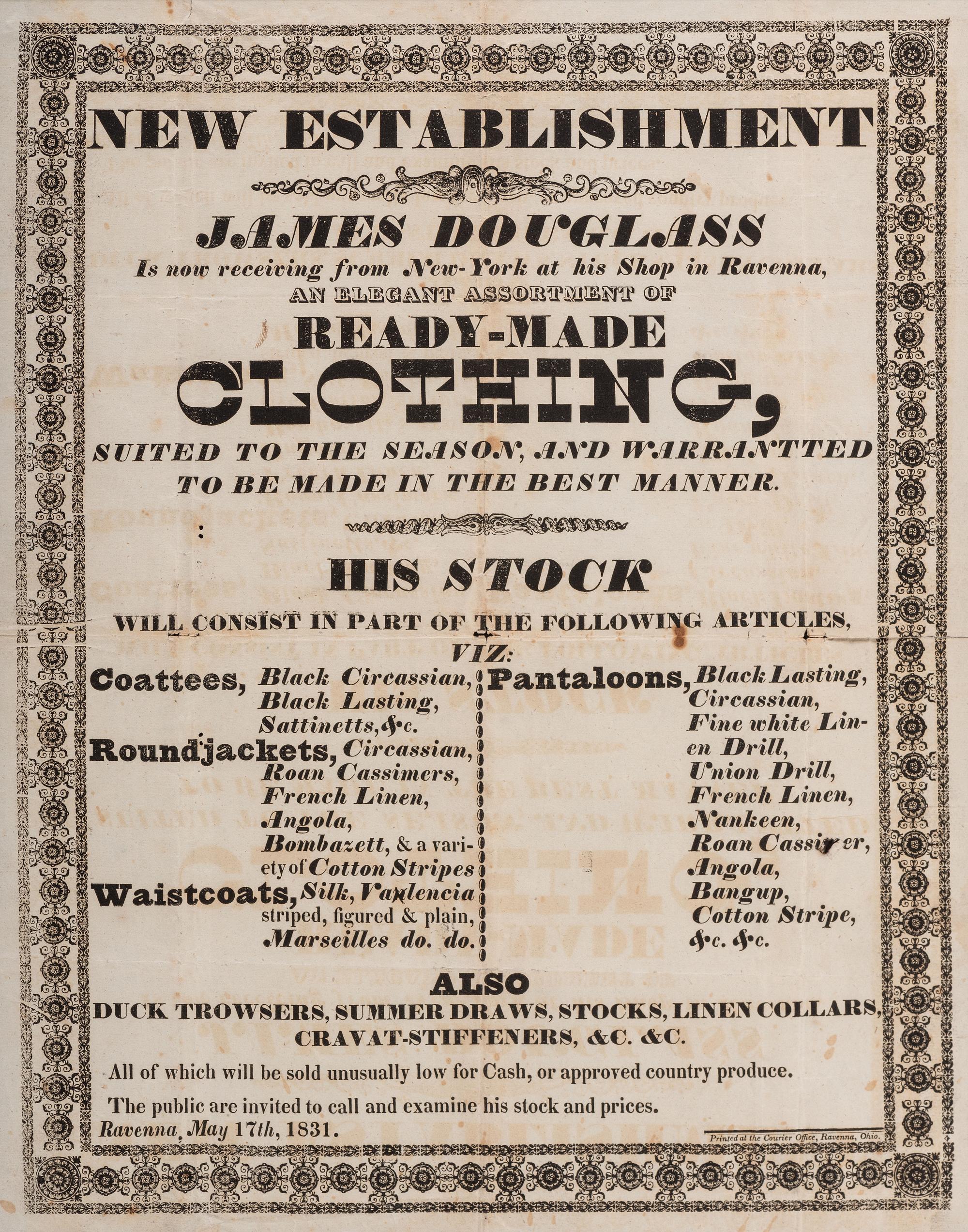 A Printed Broadside Promoting the 'Elegant Assortment of Ready-Made Clothing' Stocked by Shopkeeper James Douglas