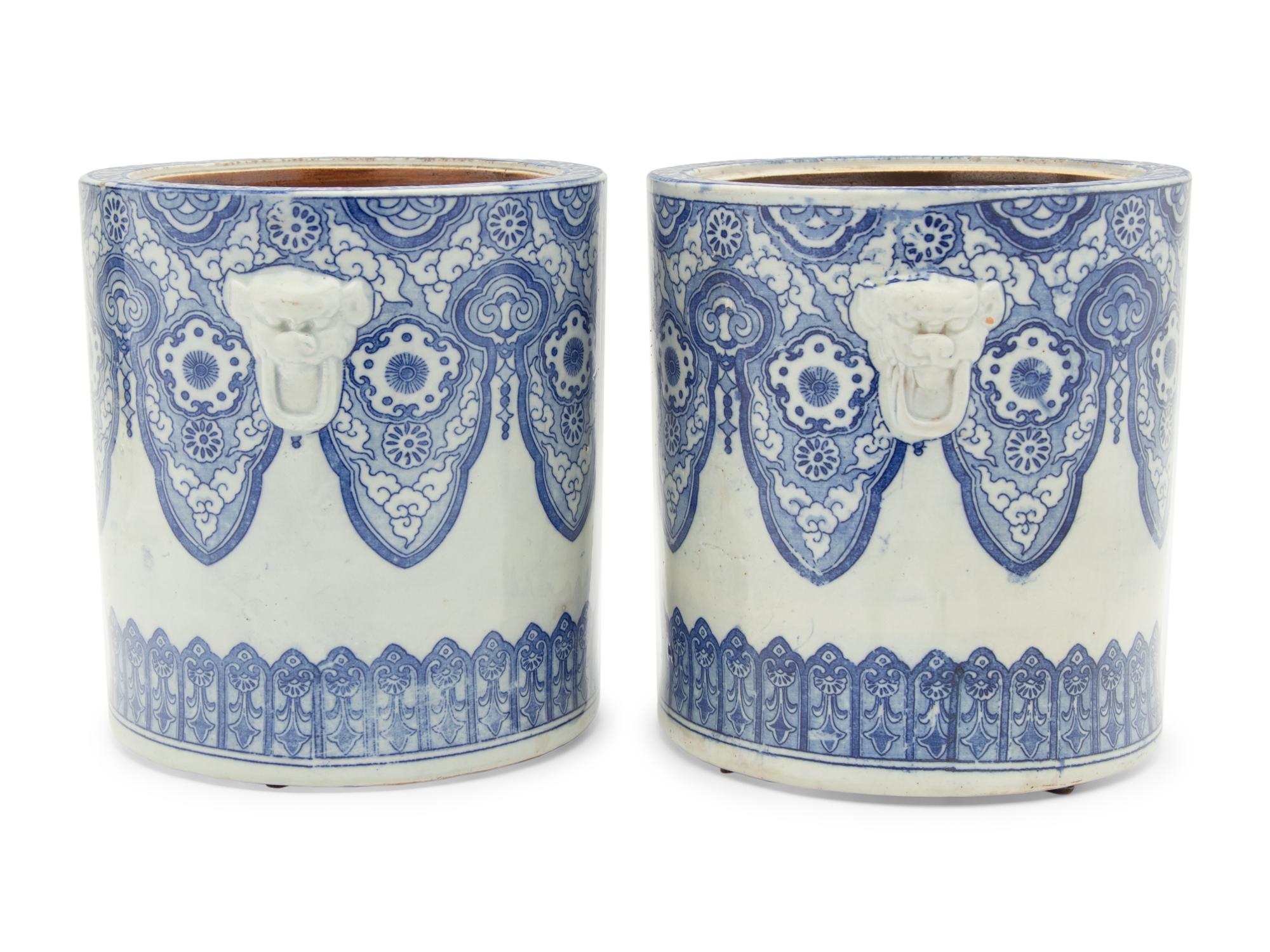 A Pair of Japanese Blue and White Porcelain Cache Pots