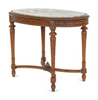 A Louis XVI Style Carved Oak Marble Top Parlor Table