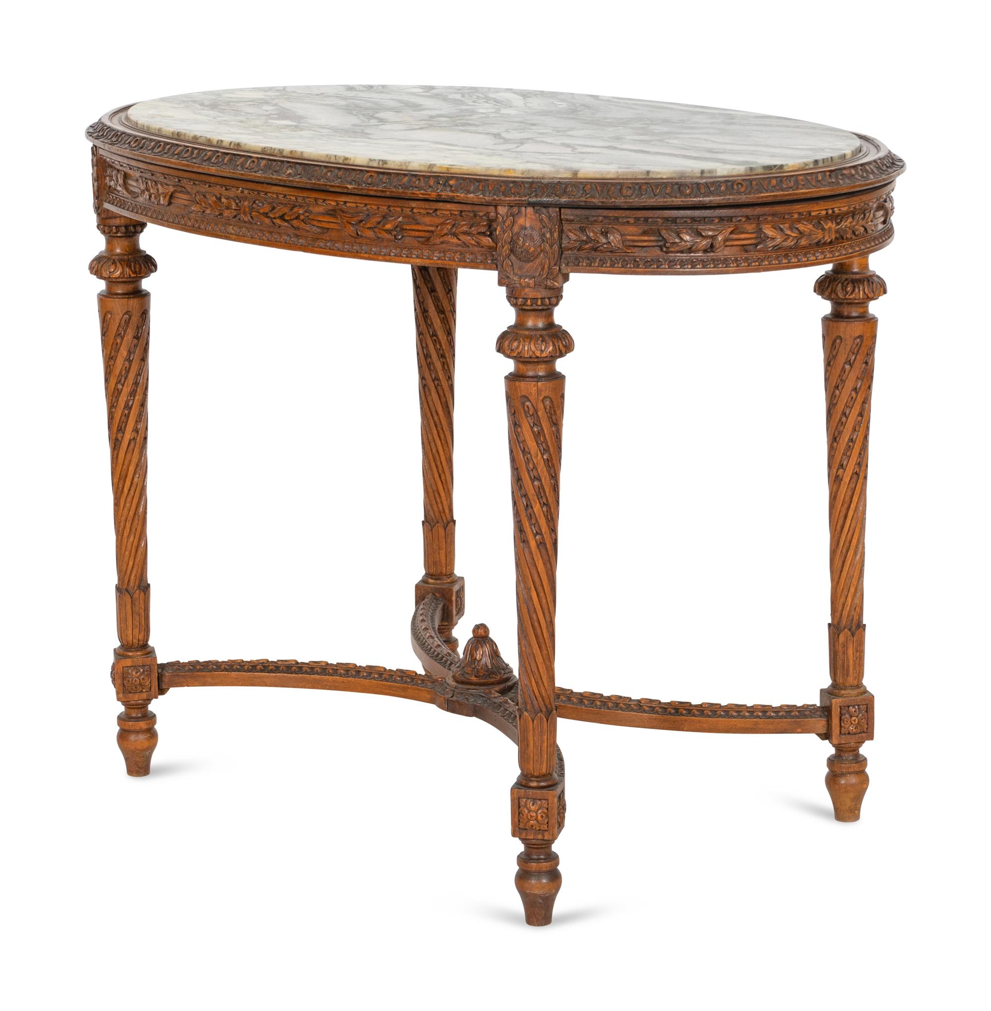 A Louis XVI Style Carved Oak Marble Top Parlor Table