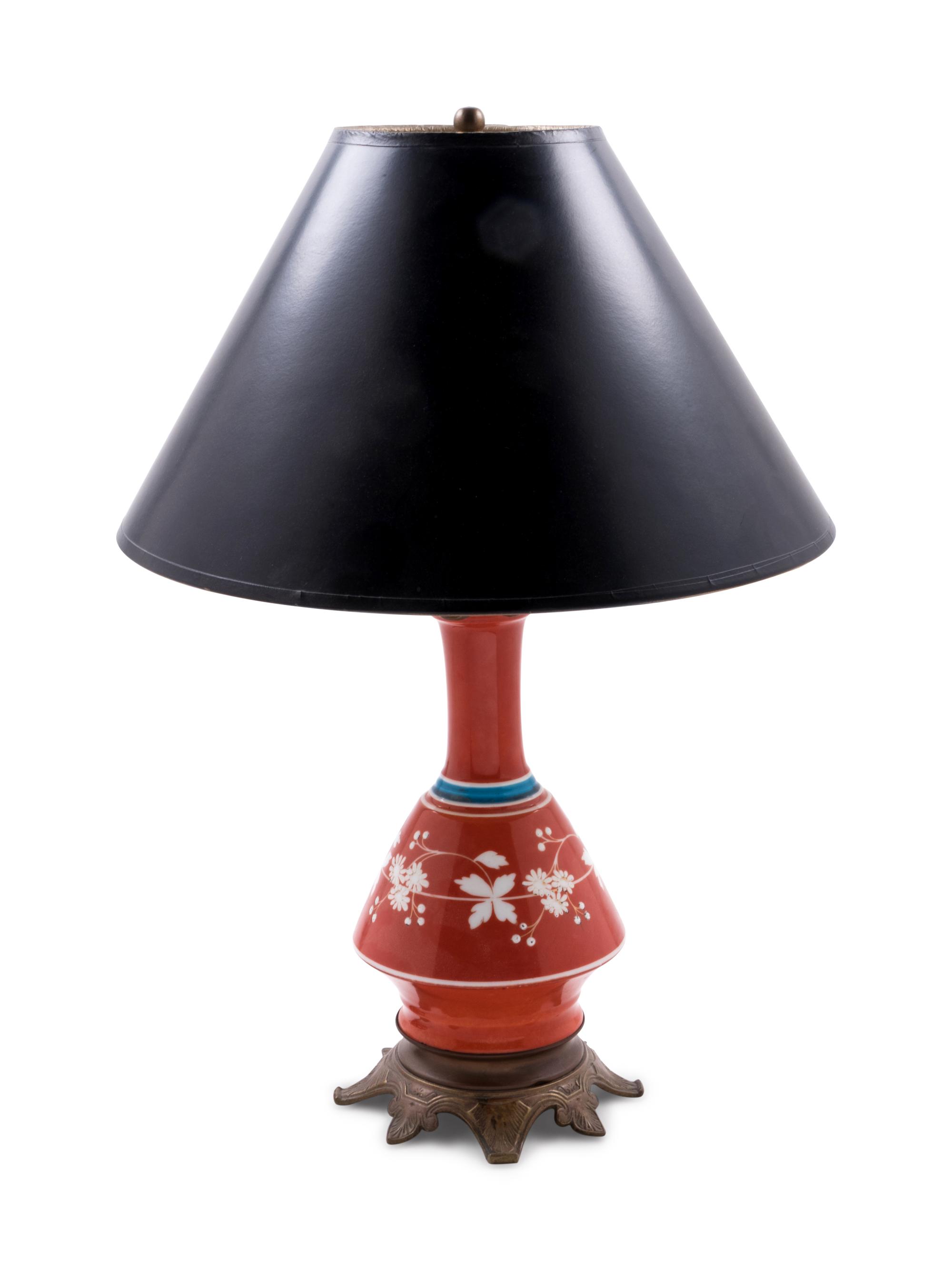 A French Gilt Metal Mounted Glass Table Lamp and Two Pairs of Opaline Glass Vases