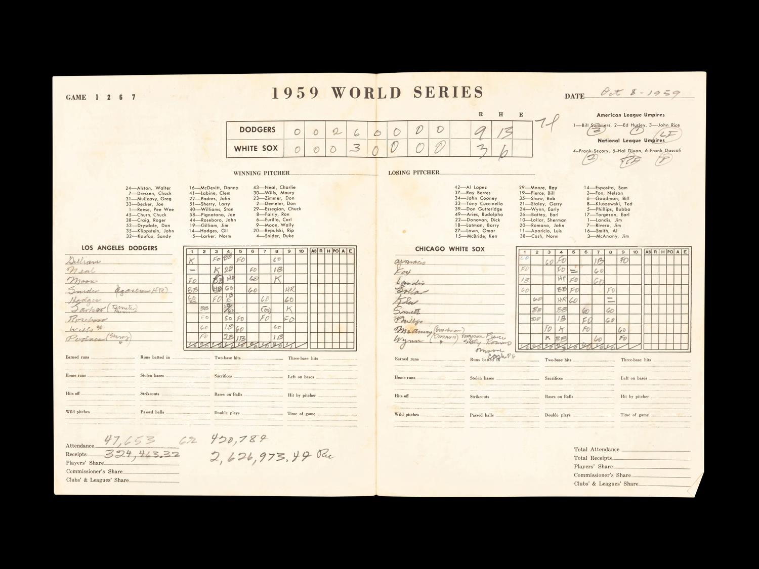A Bill Veeck Signed Autograph 1959 World Series Program With Game 6 Ticket Stub (Beckett Authentication Services)