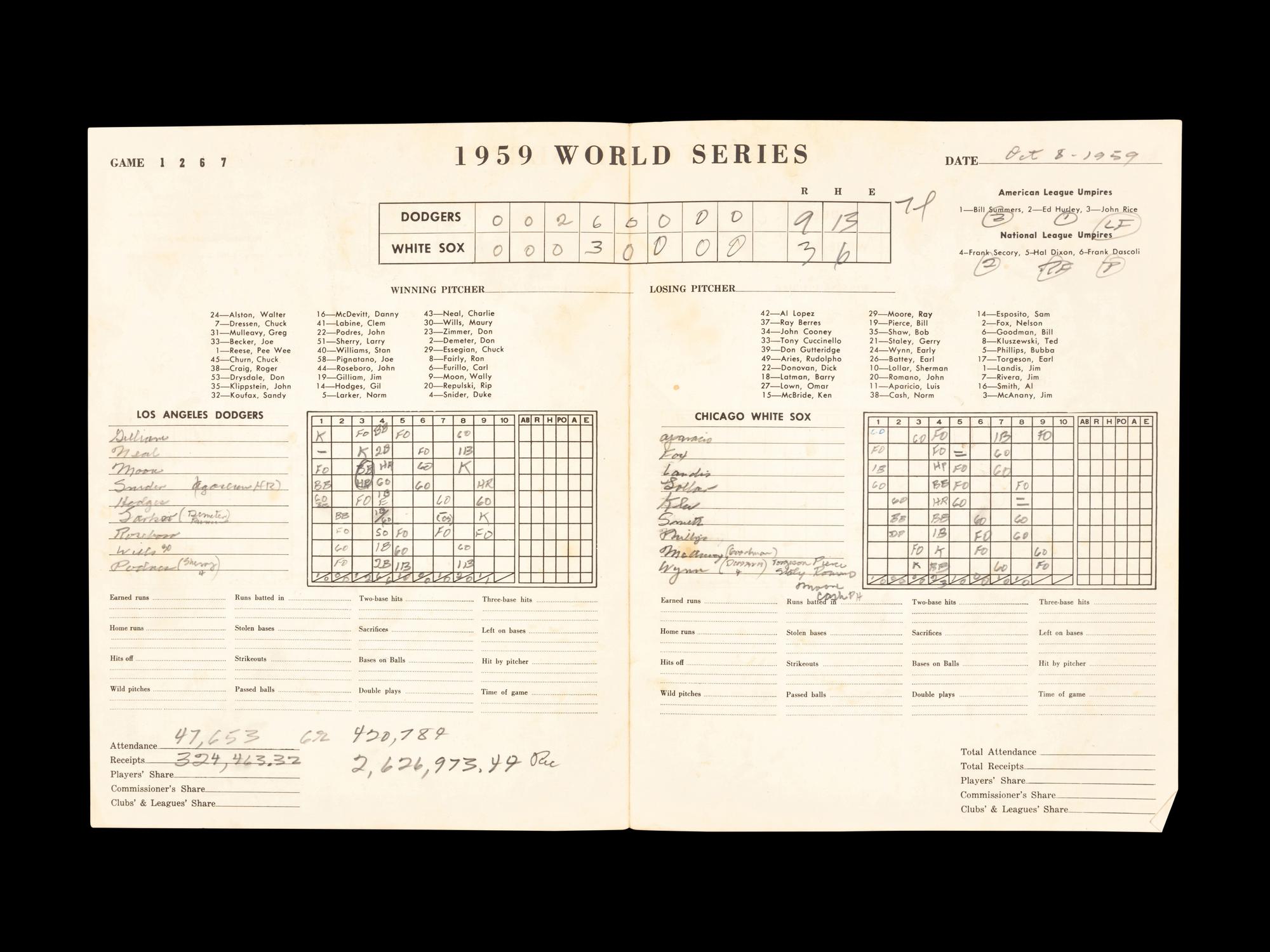 A Bill Veeck Signed Autograph 1959 World Series Program With Game 6 Ticket Stub (Beckett Authentication Services)