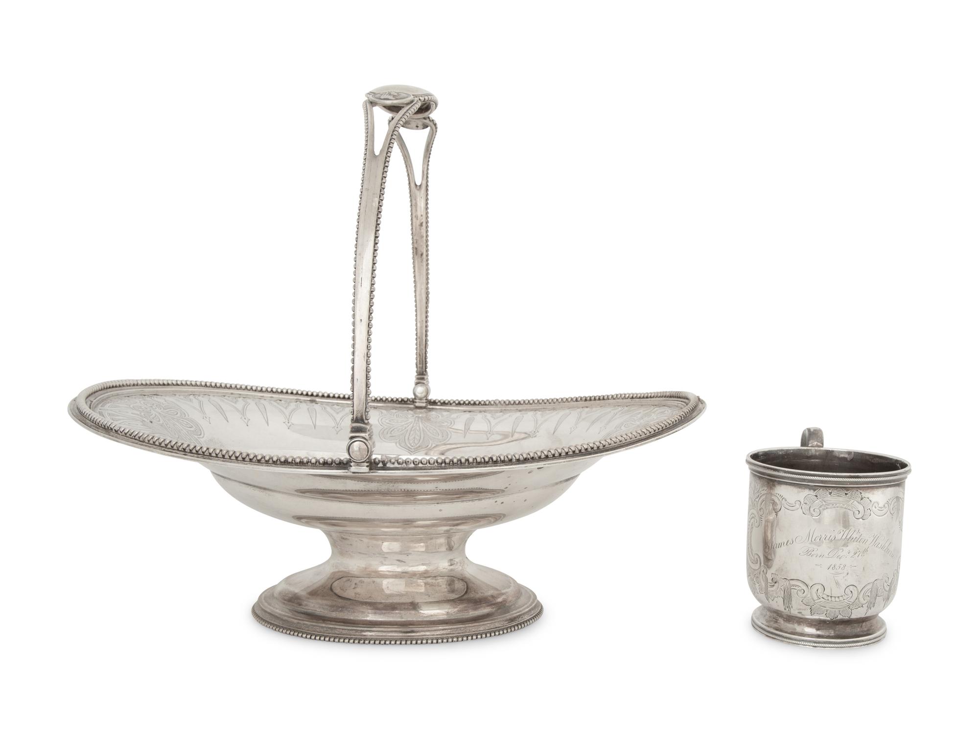 An American Coin Silver Cake Basket and Mug — Mid-19th Century