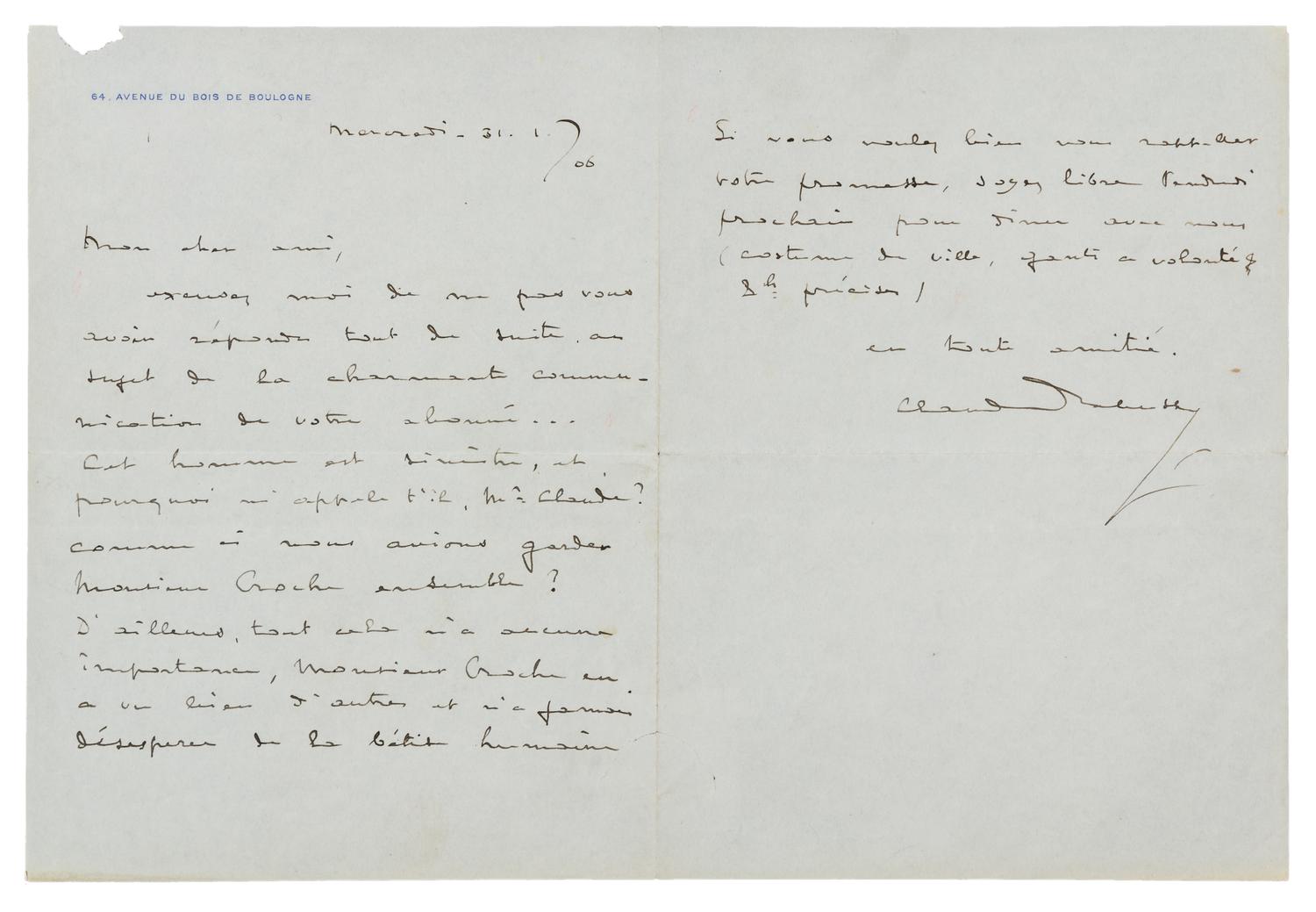 DEBUSSY, Claude. Autographed letter signed ("Claude Debussy"), in French, to an unnamed recipient [possibly Louis Laloy], Paris, 1906.