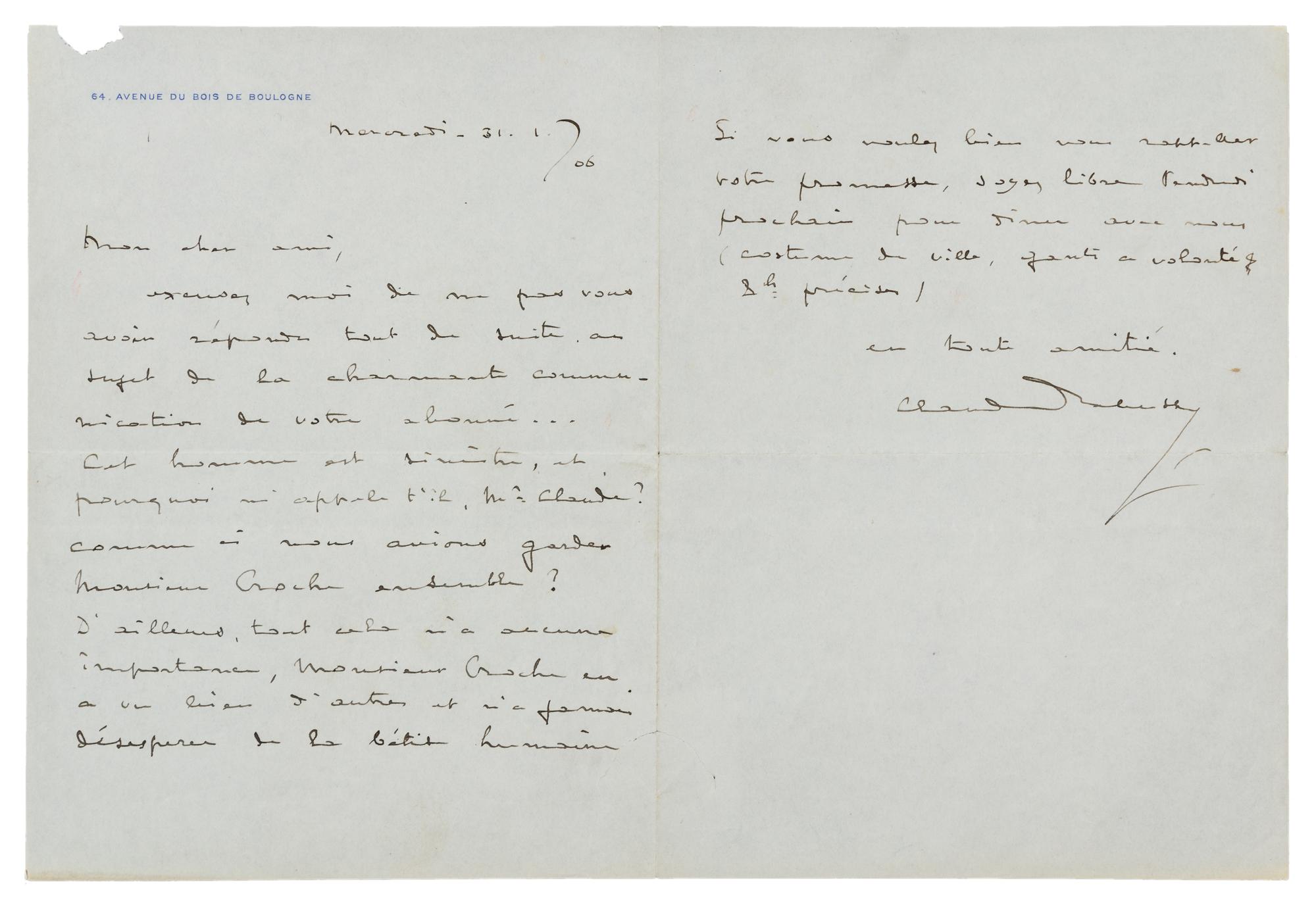DEBUSSY, Claude. Autographed letter signed ("Claude Debussy"), in French, to an unnamed recipient [possibly Louis Laloy], Paris, 1906.
