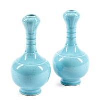 A Pair of Chinese Celeste Bleu Glazed Porcelain Vases Height 10 1/2 inches.