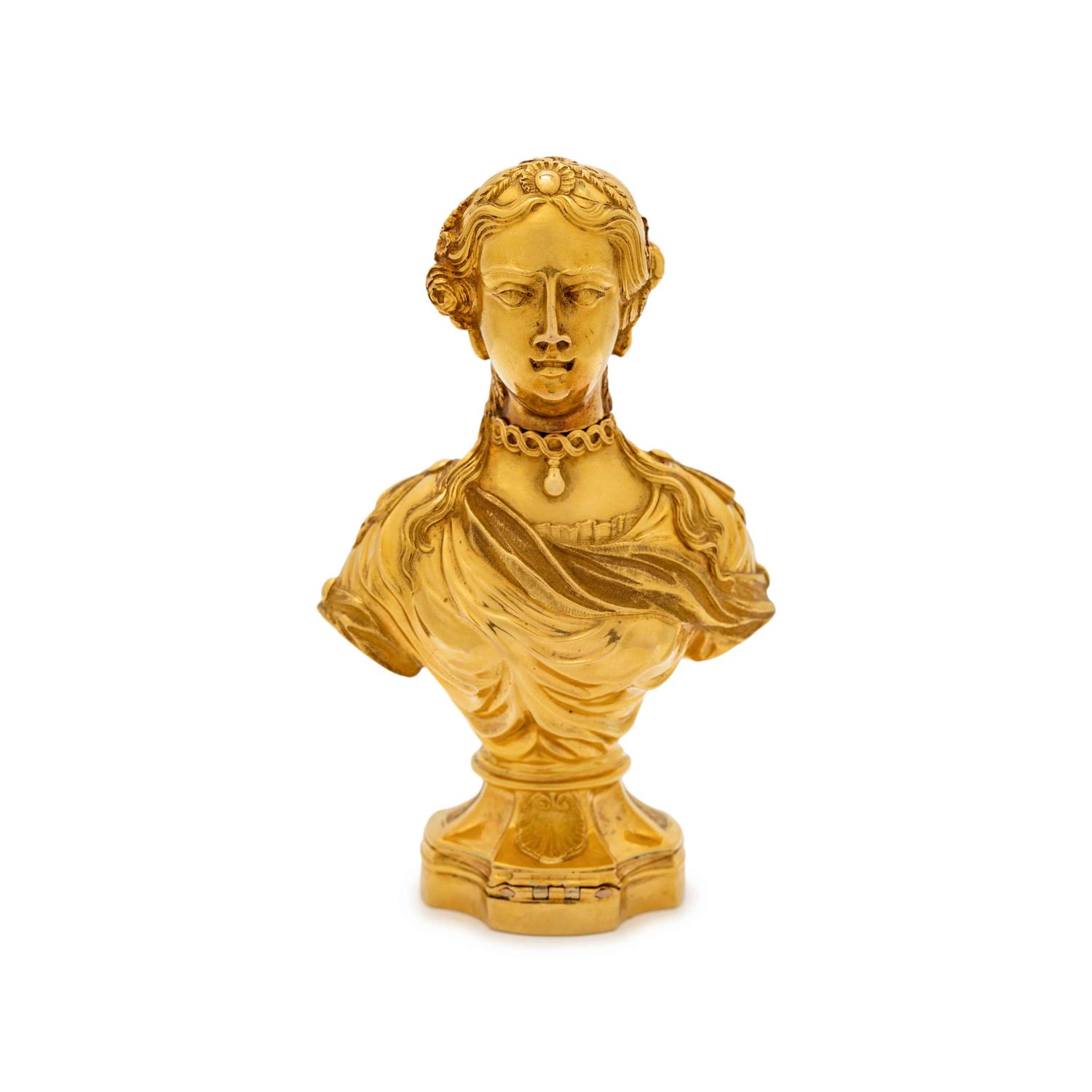 A French Gold Figural Compound Scent Flask, Snuff Box and Hand-Seal of Ducal Interest