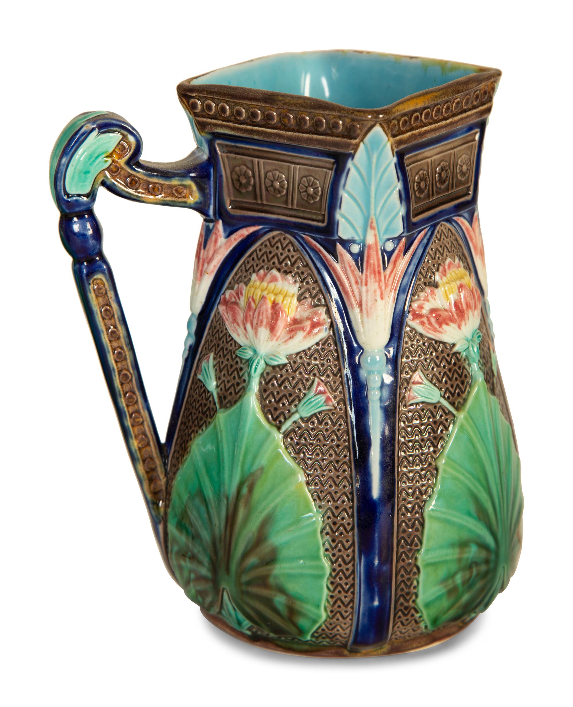 A Set of Three English Copeland Majolica Lotus Jugs — Last-Quarter 19th Century