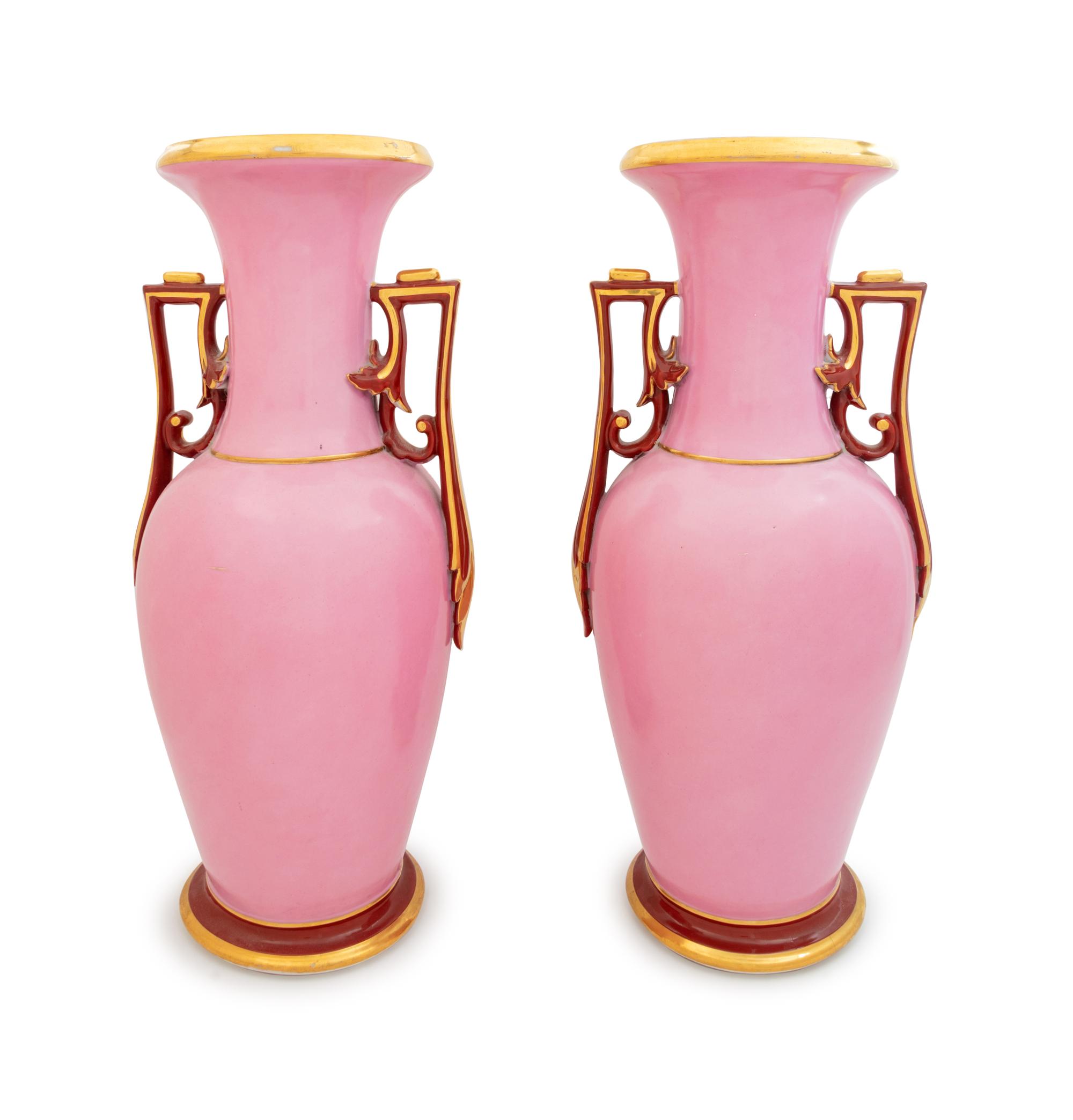 A Pair of Paris Porcelain Painted and Parcel Gilt Vases