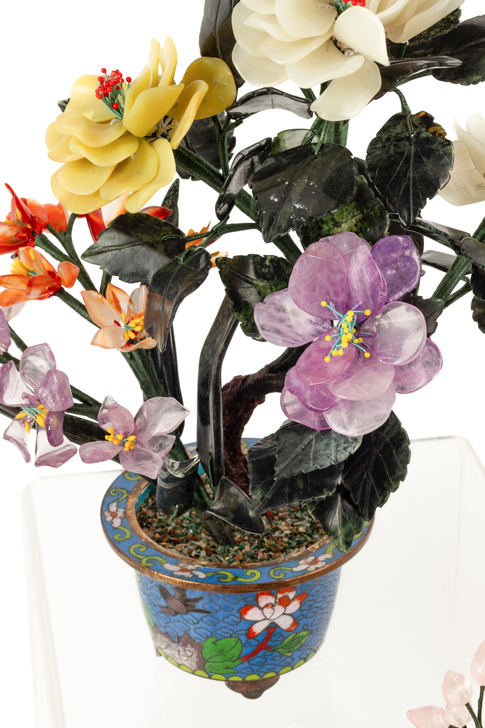 Six Chinese Hardstone Models of Trees in Cloisonné Jardinières