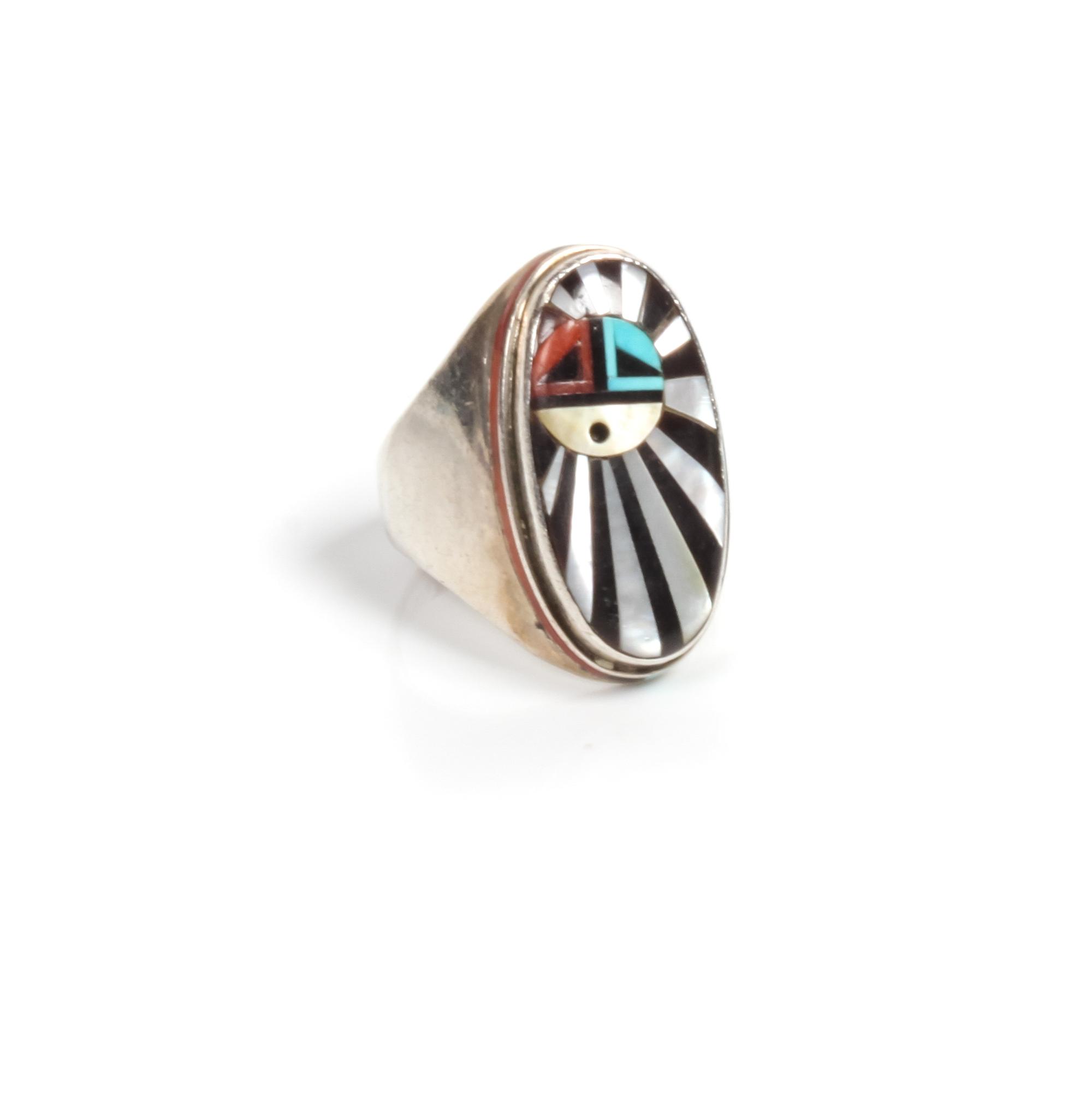Zuni Silver Mosaic Inlay Sun Face Ring, Don C. Dewa
