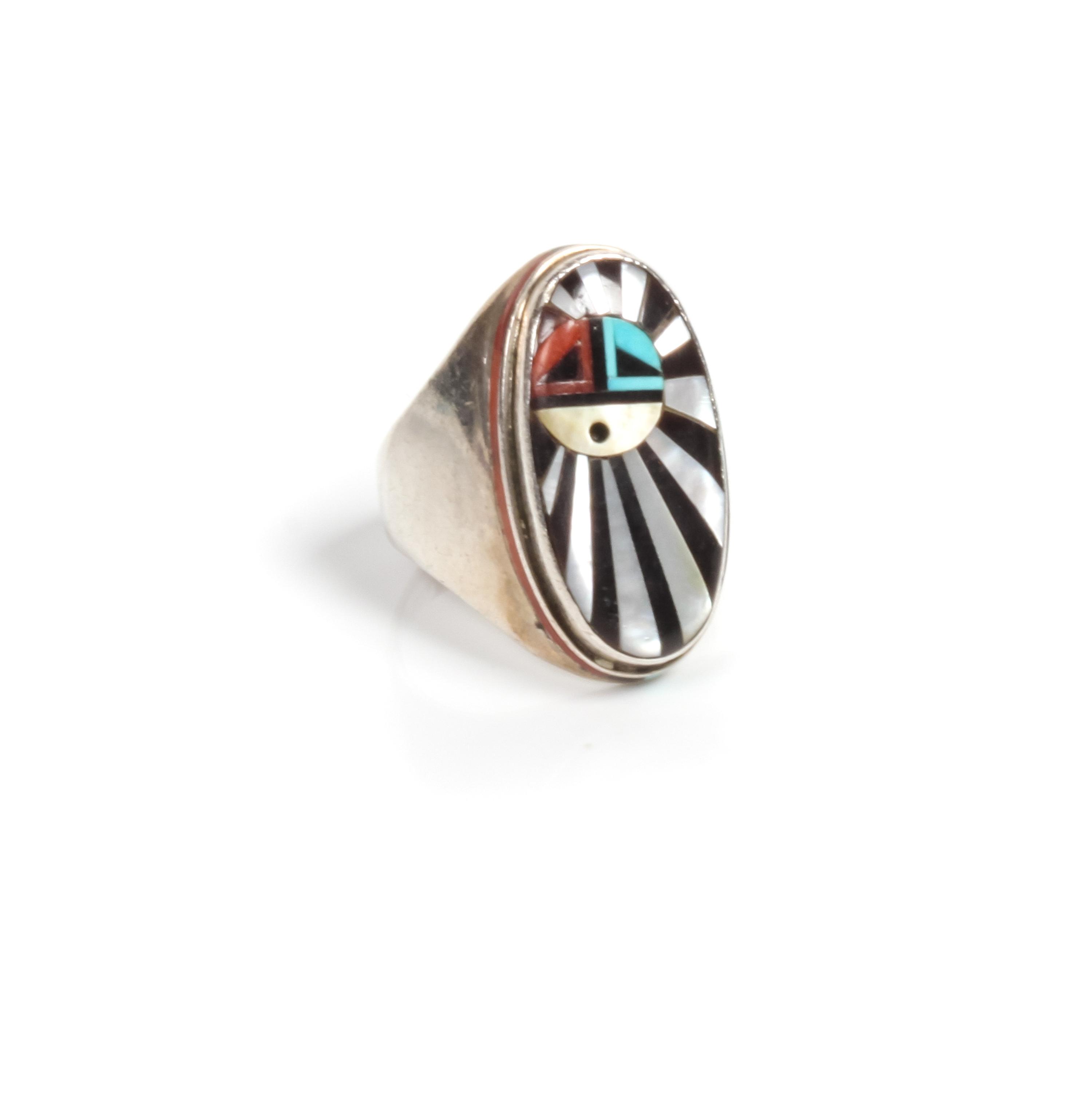 Zuni Silver Mosaic Inlay Sun Face Ring, Don C. Dewa
