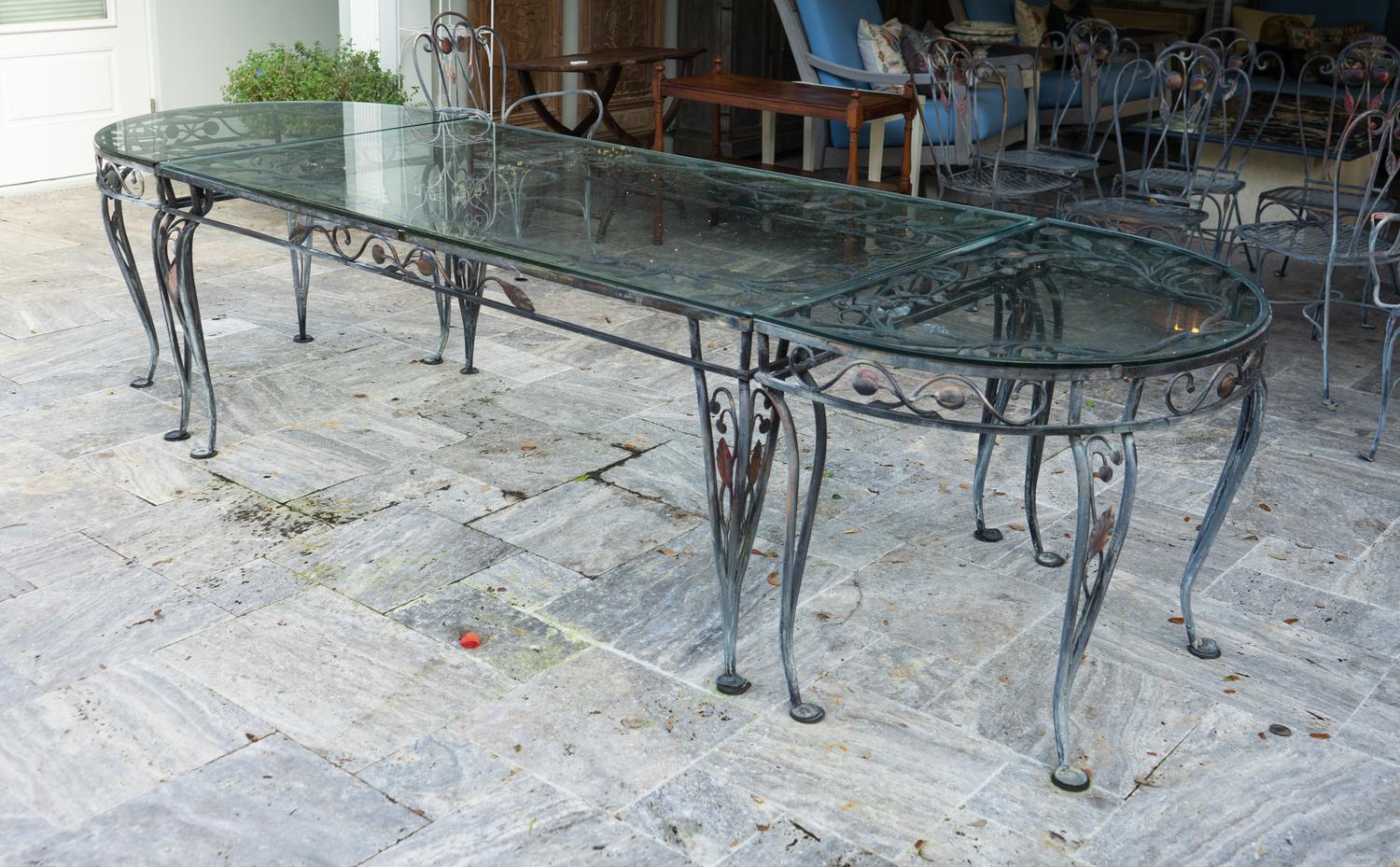 A Salterini Wrought Iron Glass Top Dining Table for Twelve — 20TH CENTURY