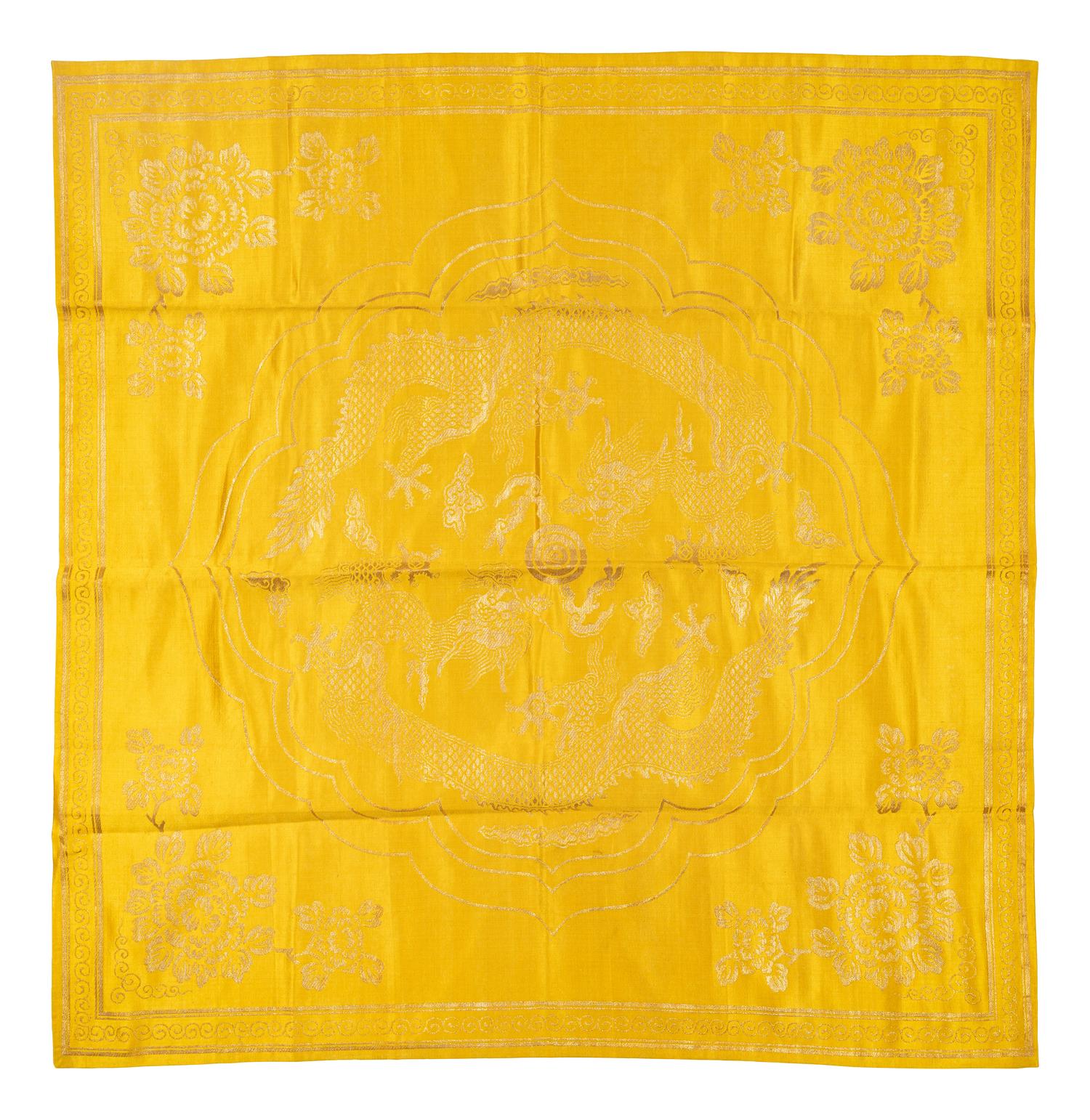 Two Chinese Yellow Embroidered Silk Panels