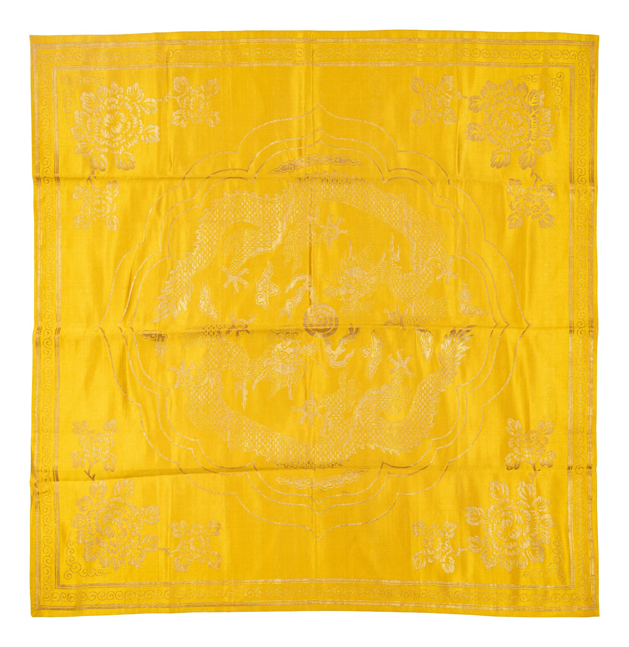 Two Chinese Yellow Embroidered Silk Panels