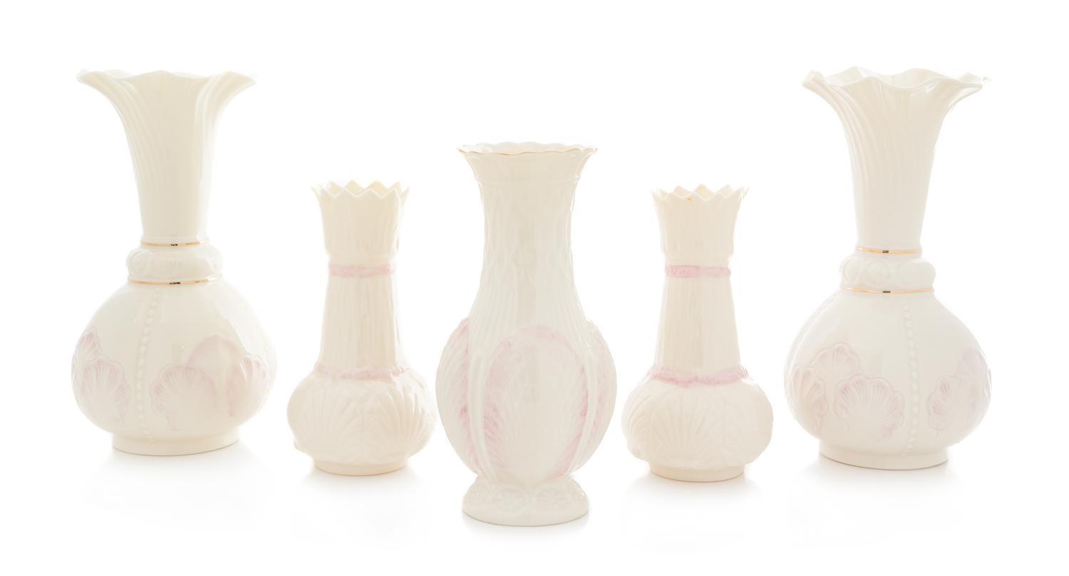 Five Belleek Vases Height of tallest pair 8 5/8 inches. — SEVENTH GOLD MARK 1980-1993