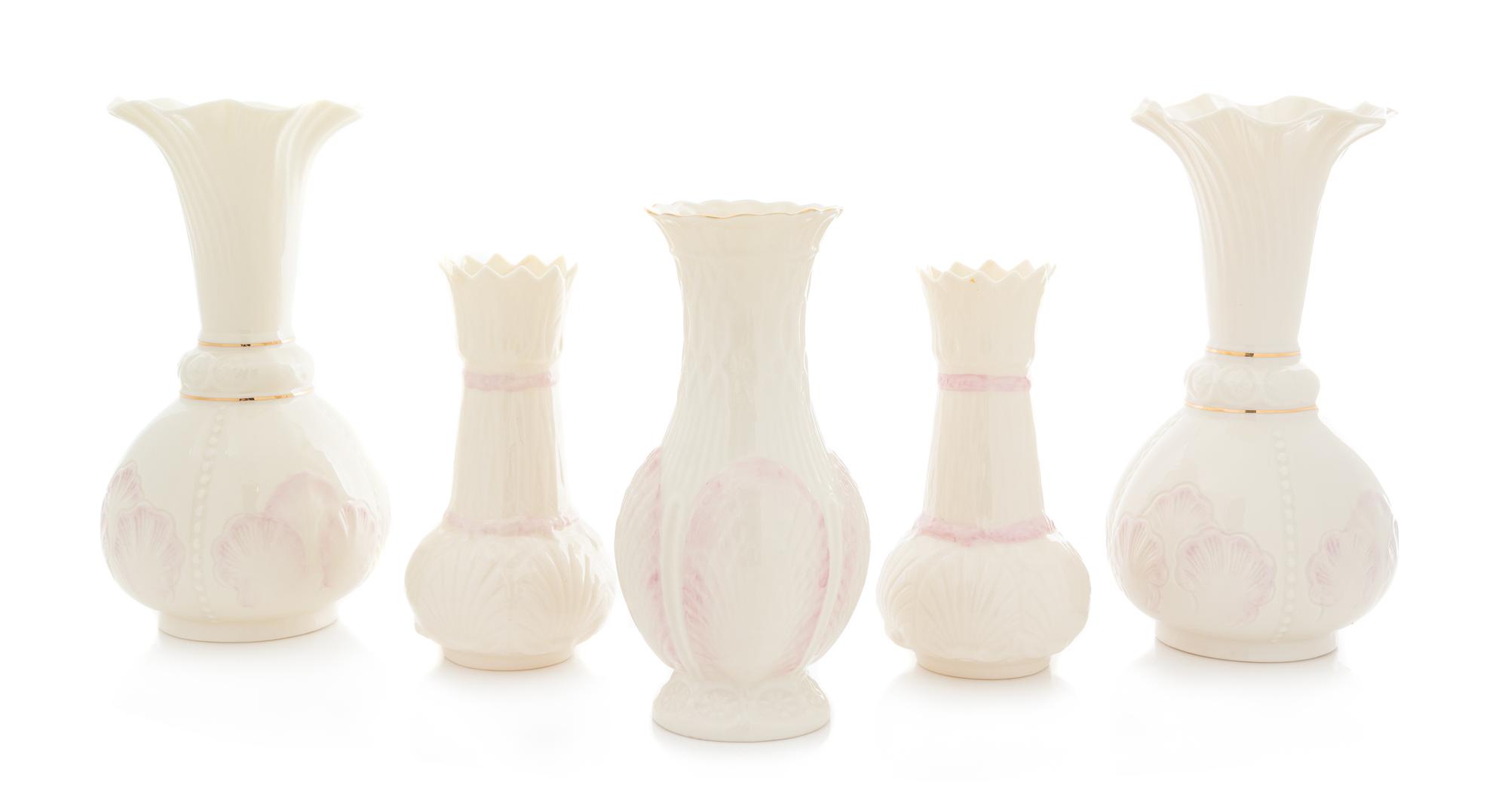 Five Belleek Vases Height of tallest pair 8 5/8 inches. — SEVENTH GOLD MARK 1980-1993
