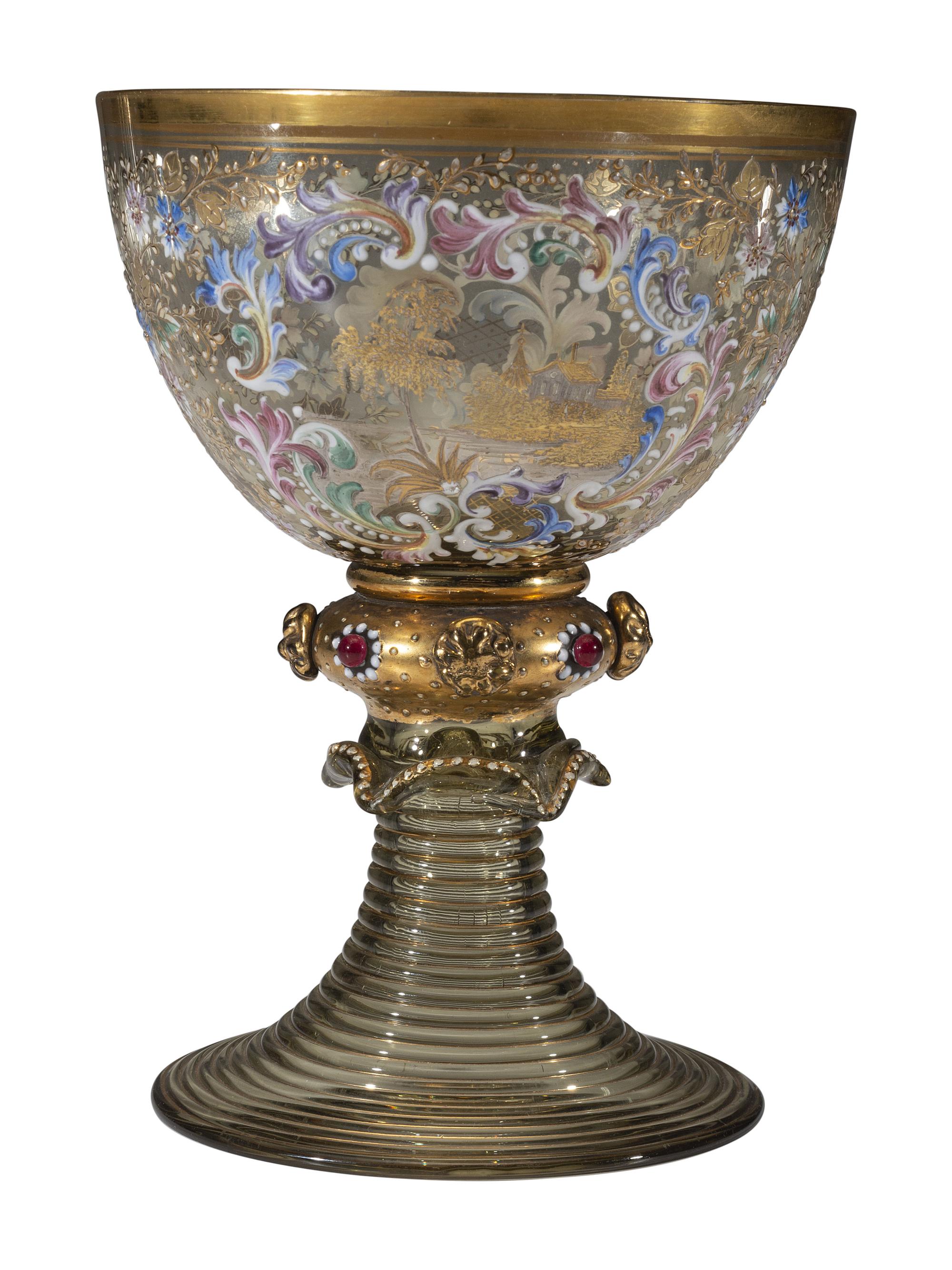 Six Bohemian Enameled Glass Roemers