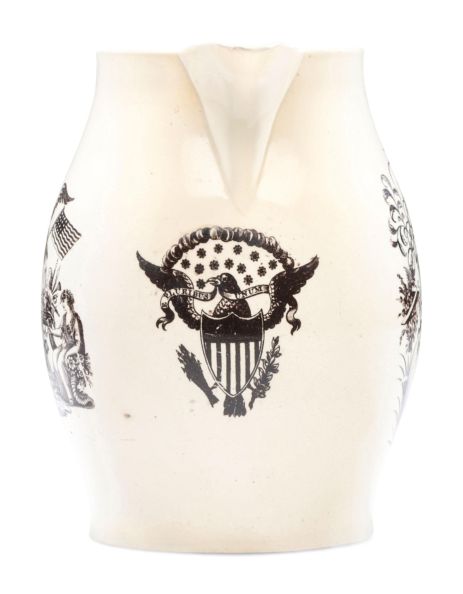 A Liverpool Transfer-Printed Creamware 'Union to the People of America' Pitcher