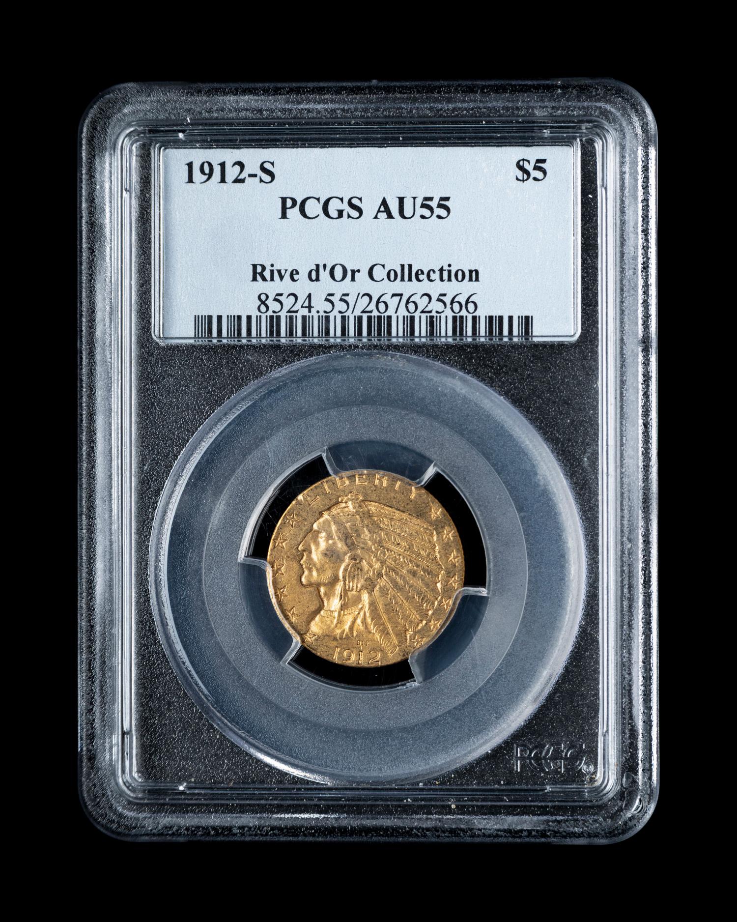 A 1912-S Indian Head $5 Gold Coin (PCGS AU55)