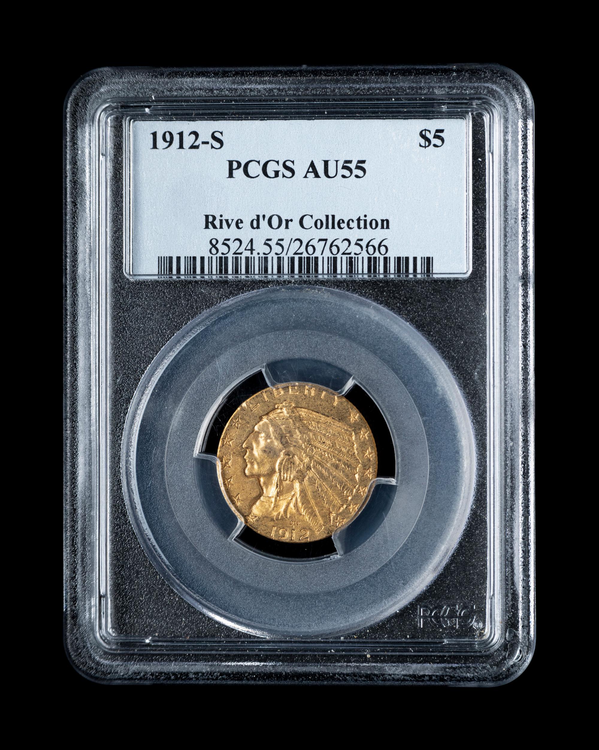 A 1912-S Indian Head $5 Gold Coin (PCGS AU55)
