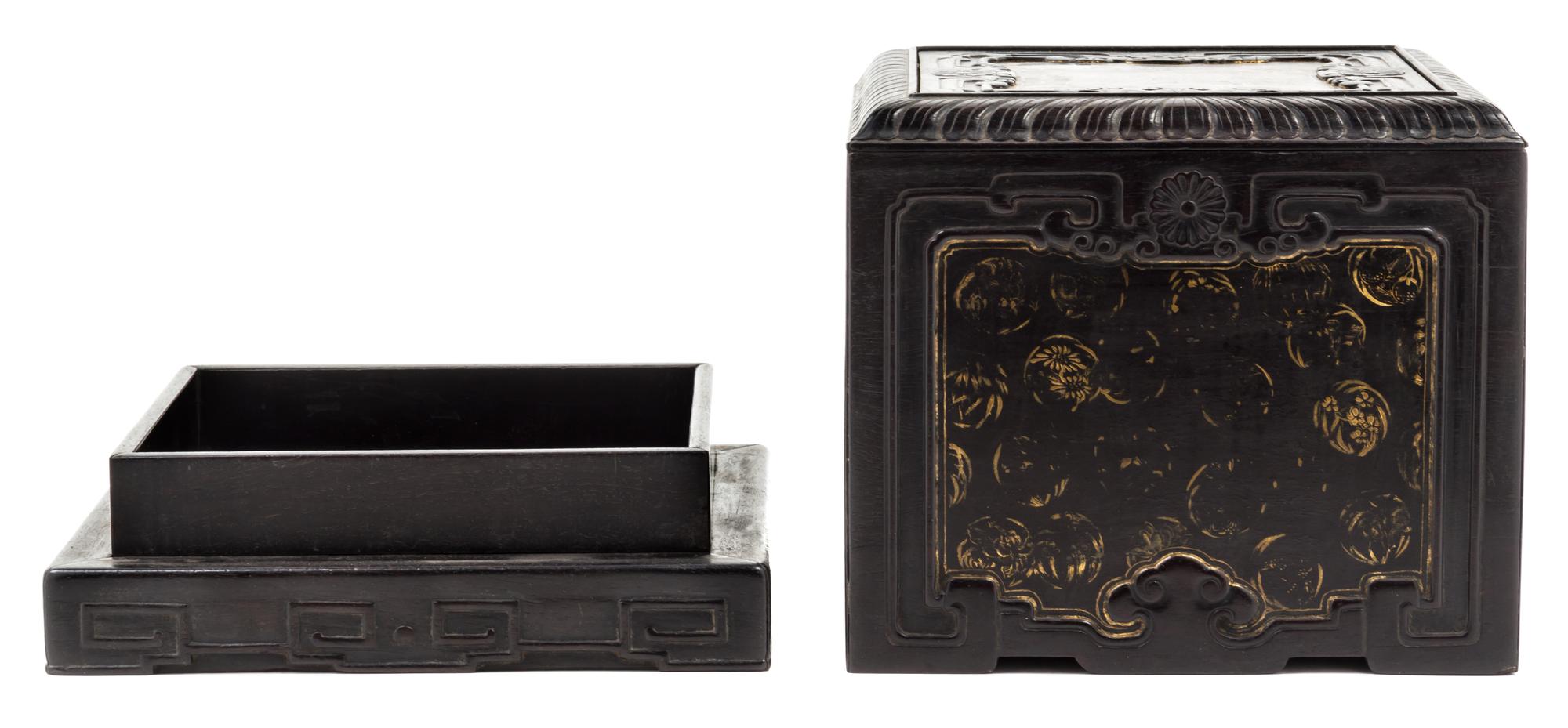 A Carved Wood Seal Box and Cover Height 7 1/4 x width 7 5/8 x depth 7 5/8 inches.