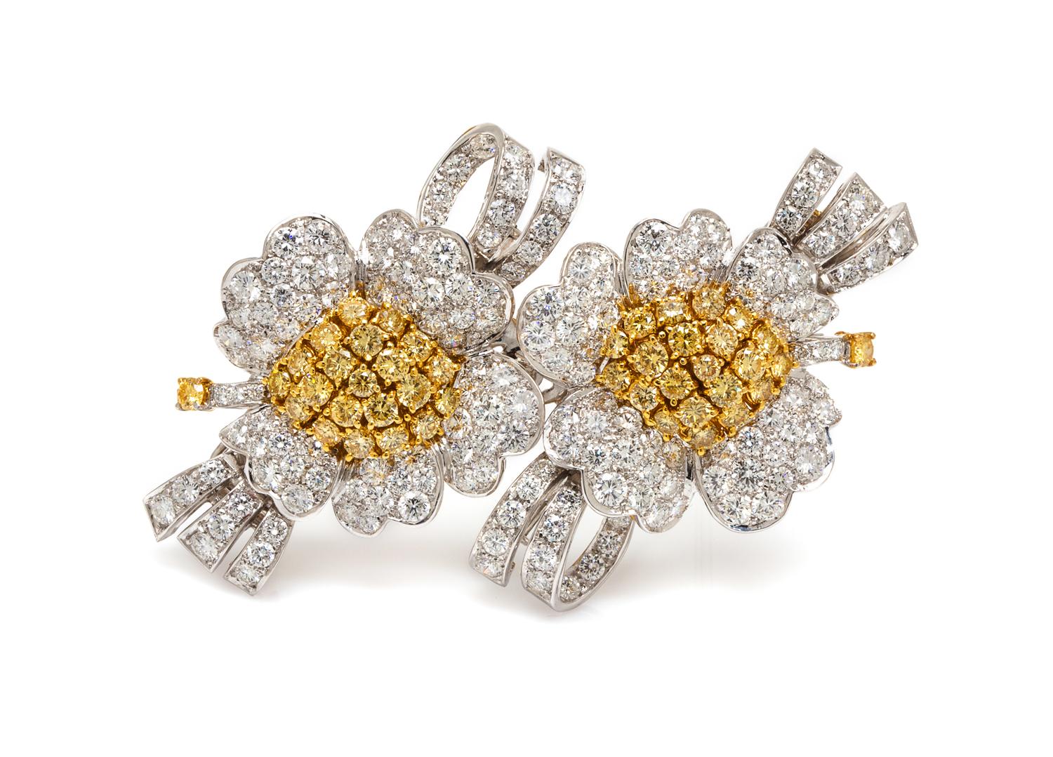 A Pair of 18 Karat White and Yellow Gold, Colored Diamond and Diamond Dress Clips, 37.20 dwts.