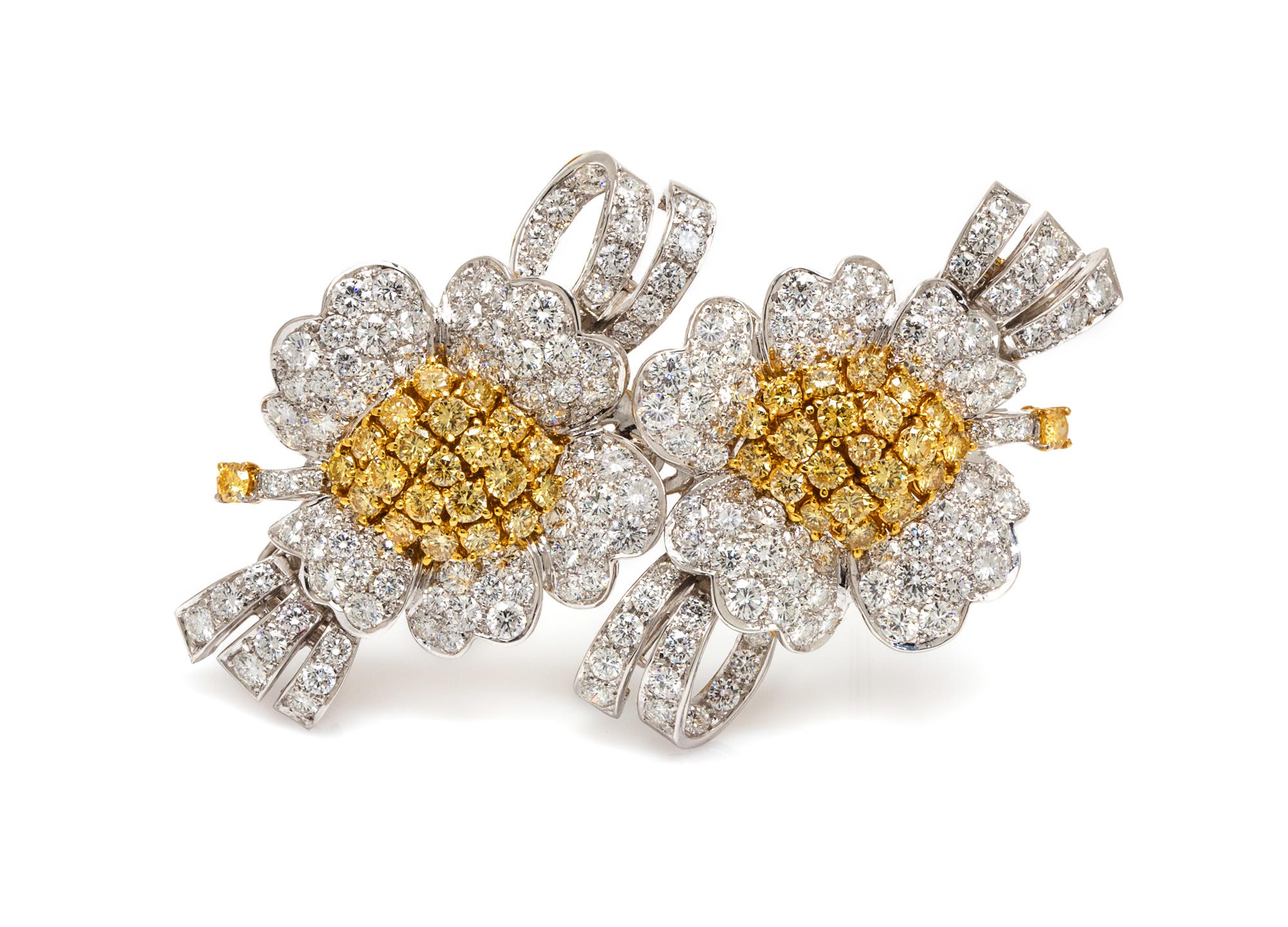 A Pair of 18 Karat White and Yellow Gold, Colored Diamond and Diamond Dress Clips, 37.20 dwts.