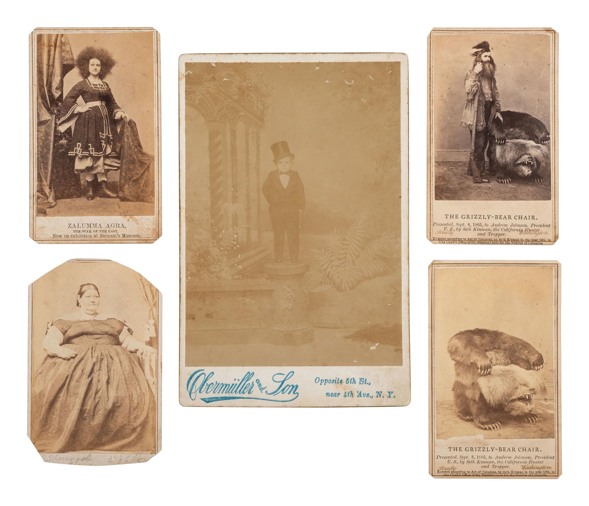 [EARLY PHOTOGRAPHY]. 5 images, incl. Seth Kinman & his "Grizzly-Bear Chair" and circus performers.